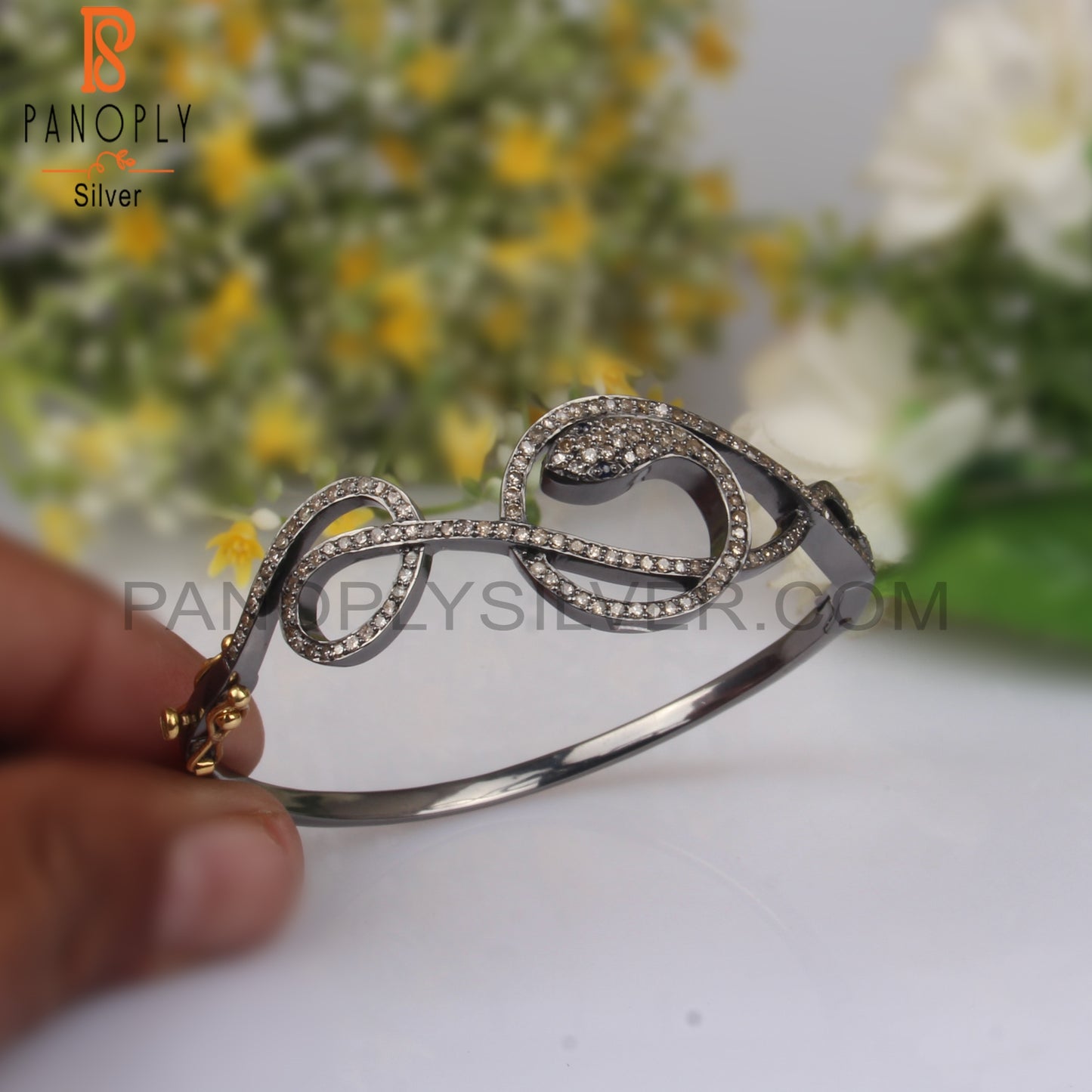 Diamond & Blue Sapphire 925 Sterling Silver Snake Bangle