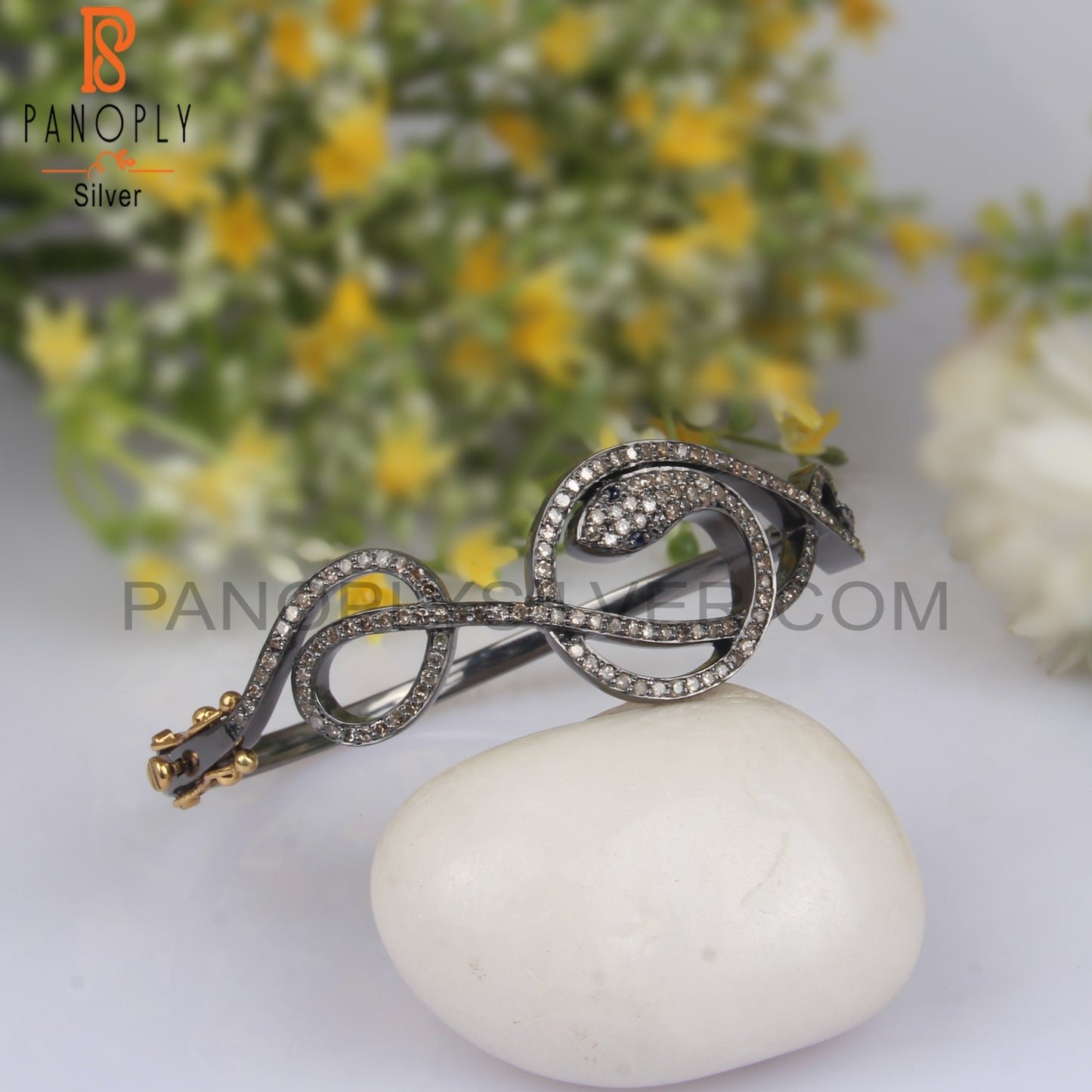 Diamond & Blue Sapphire 925 Sterling Silver Snake Bangle