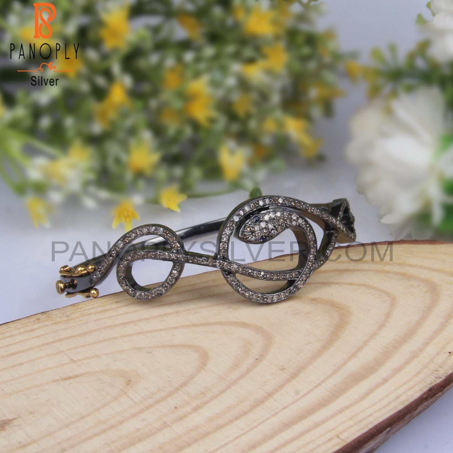 Diamond & Blue Sapphire 925 Sterling Silver Snake Bangle