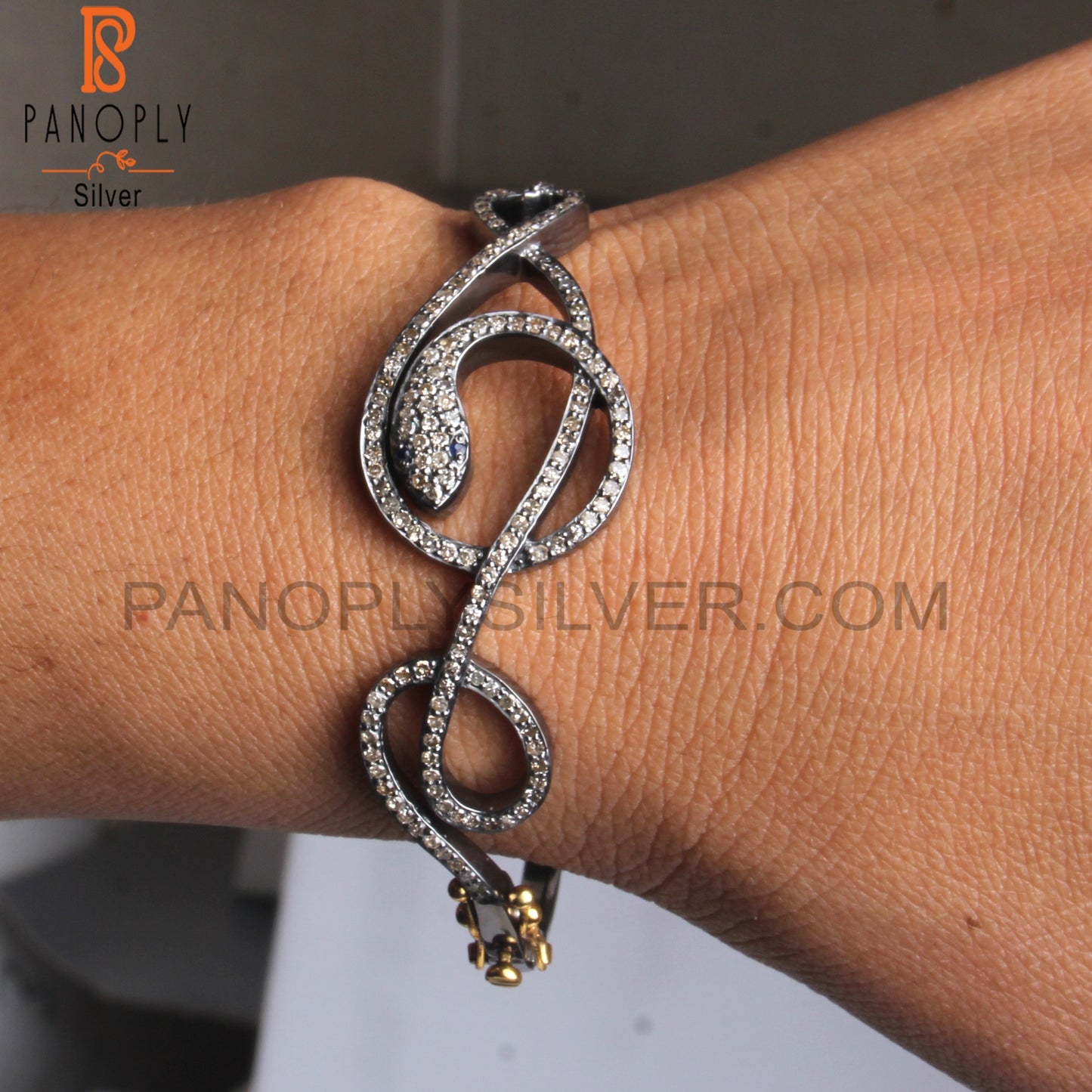 Diamond & Blue Sapphire 925 Sterling Silver Snake Bangle