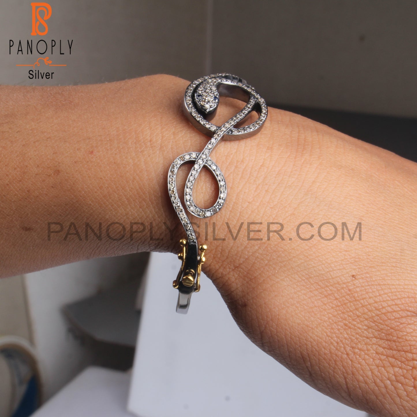 Diamond & Blue Sapphire 925 Sterling Silver Snake Bangle