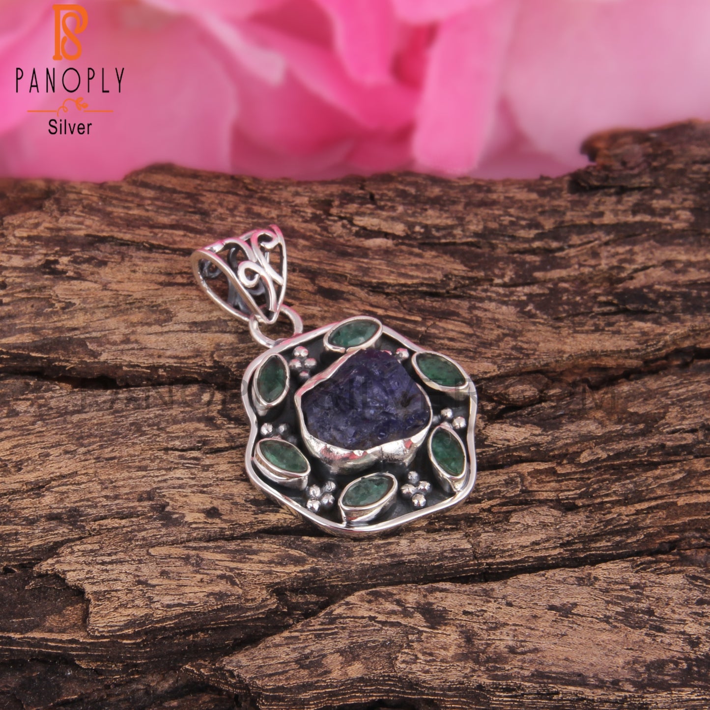 Emerald & Tanzanite 925 Sterling Silver Pendant