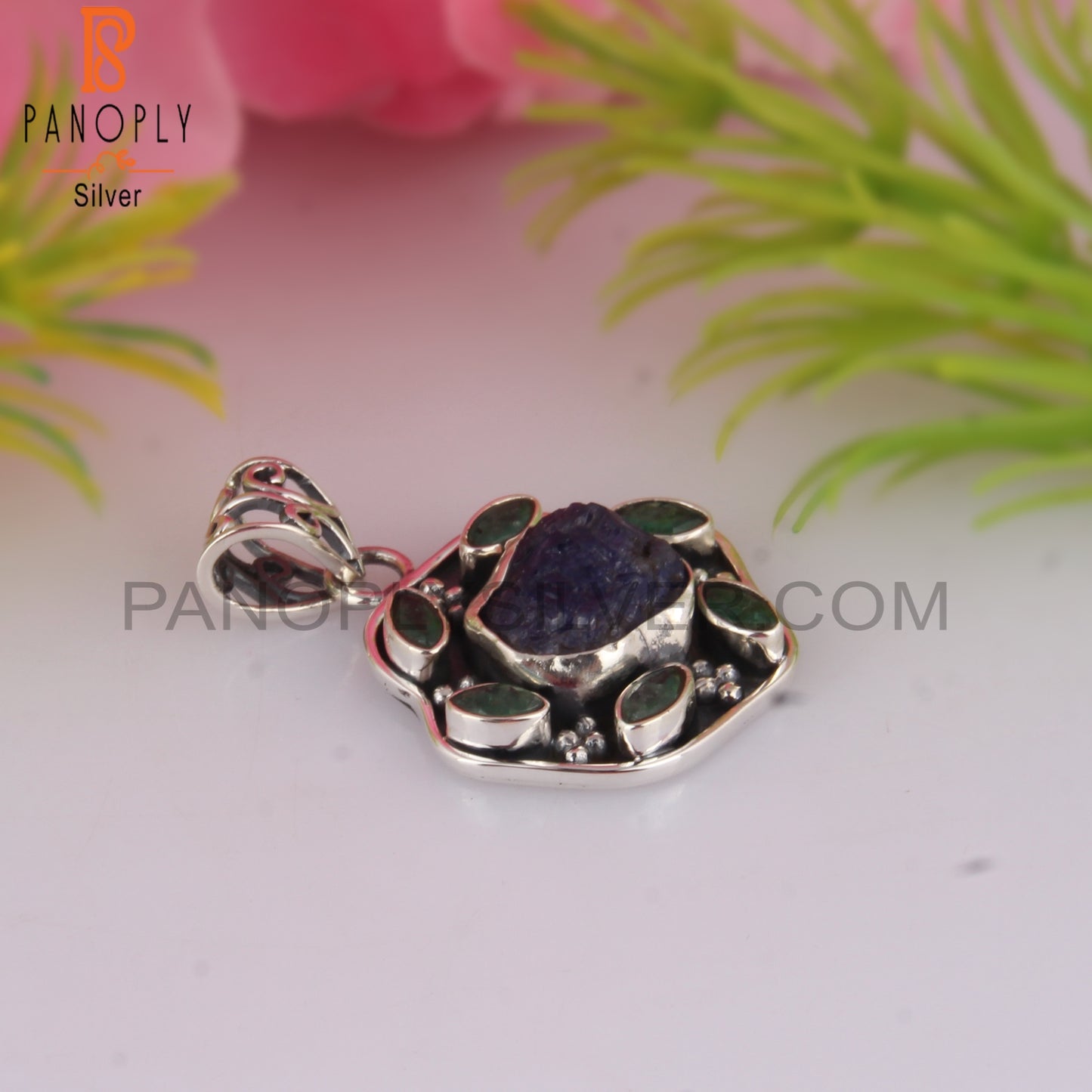 Emerald & Tanzanite 925 Sterling Silver Pendant