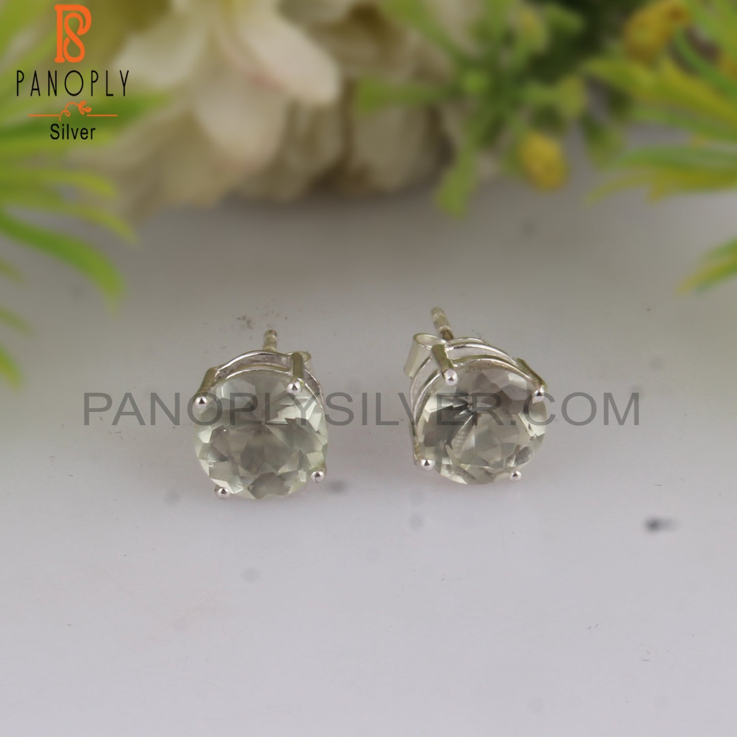 Green Amethyst Round Shape 925 Sterling Silver Stud Earrings