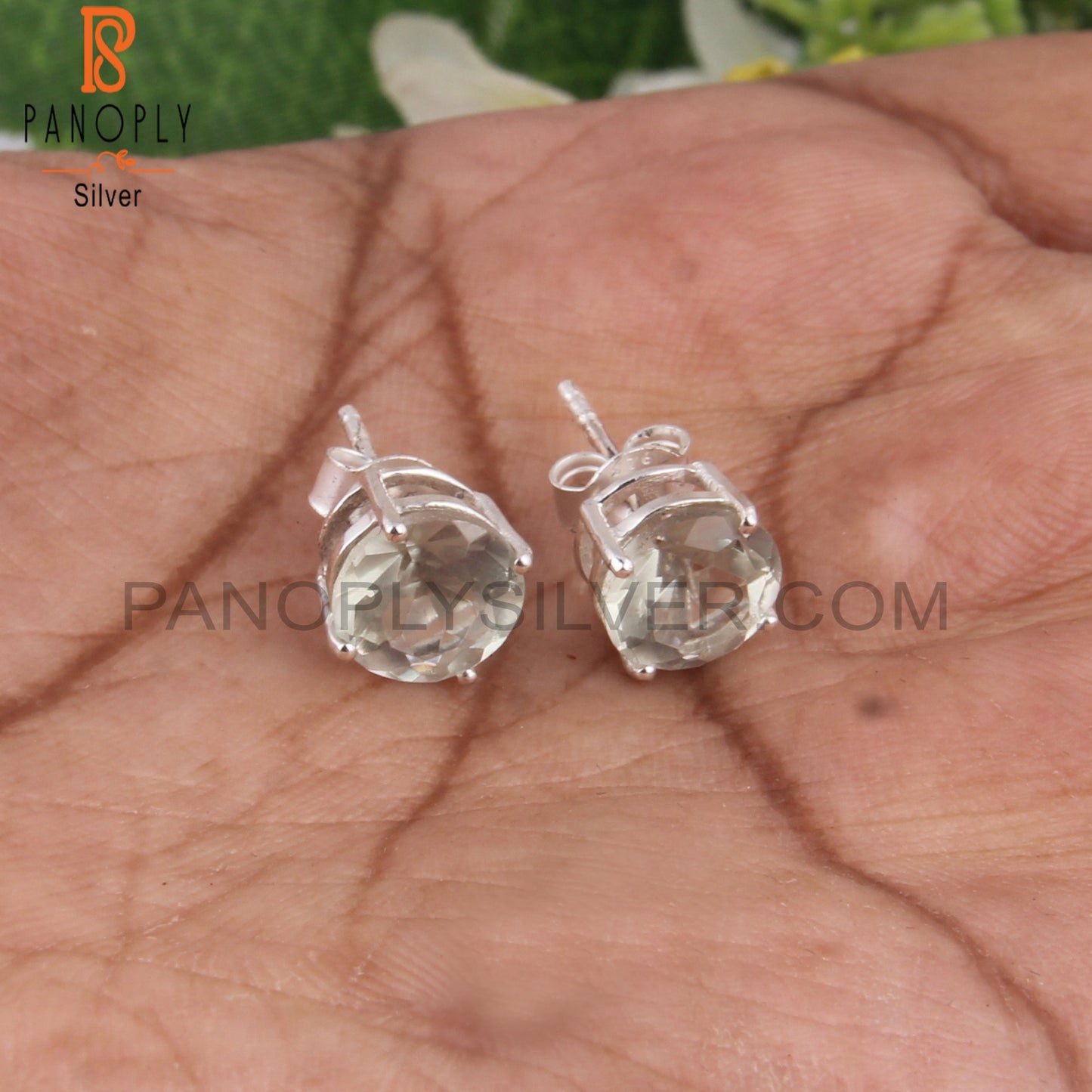 Green Amethyst Round Shape 925 Sterling Silver Stud Earrings