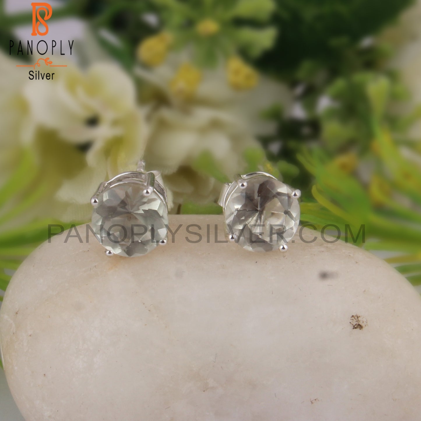 Green Amethyst Round Shape 925 Sterling Silver Stud Earrings