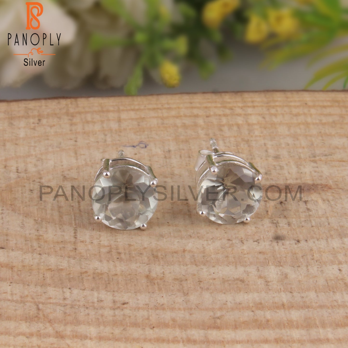 Green Amethyst Round Shape 925 Sterling Silver Stud Earrings