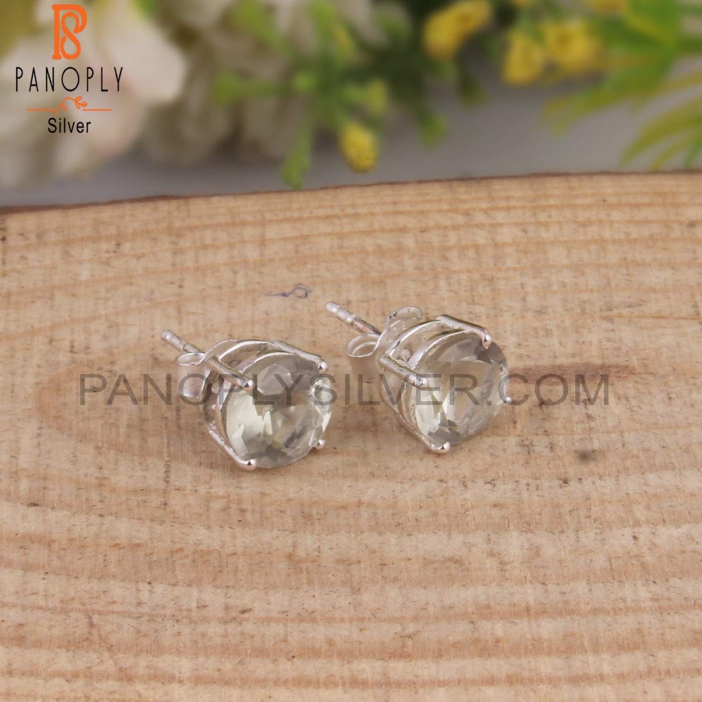 Green Amethyst Round Shape 925 Sterling Silver Stud Earrings