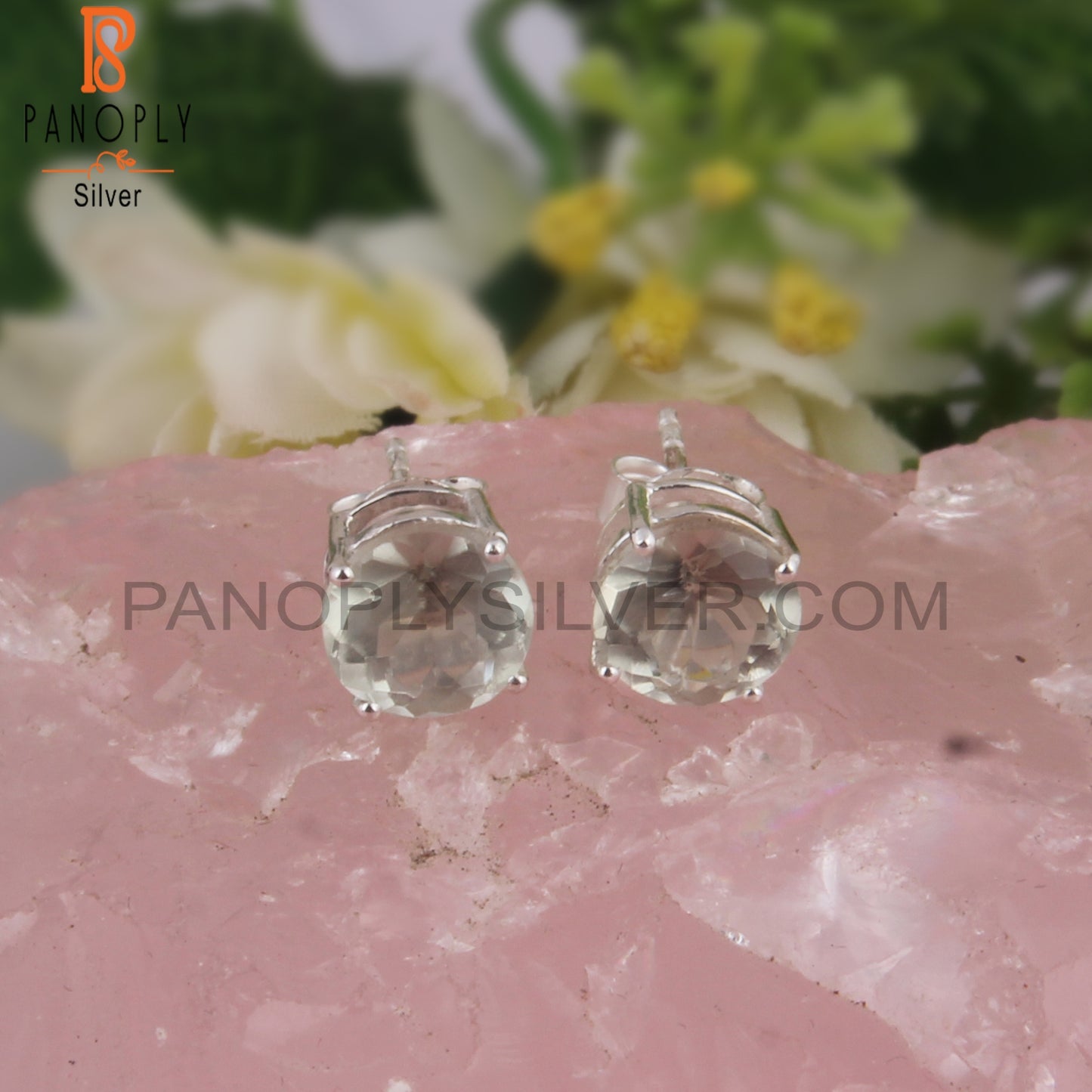 Green Amethyst Round Shape 925 Sterling Silver Stud Earrings