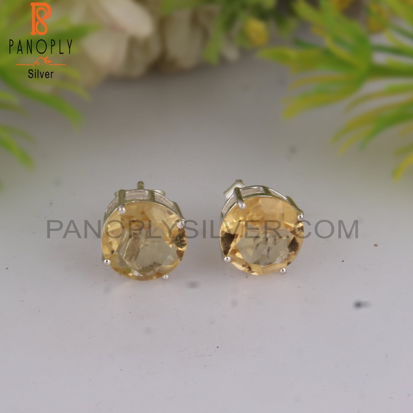 Citrine Round Shape 925 Sterling Silver Earrings