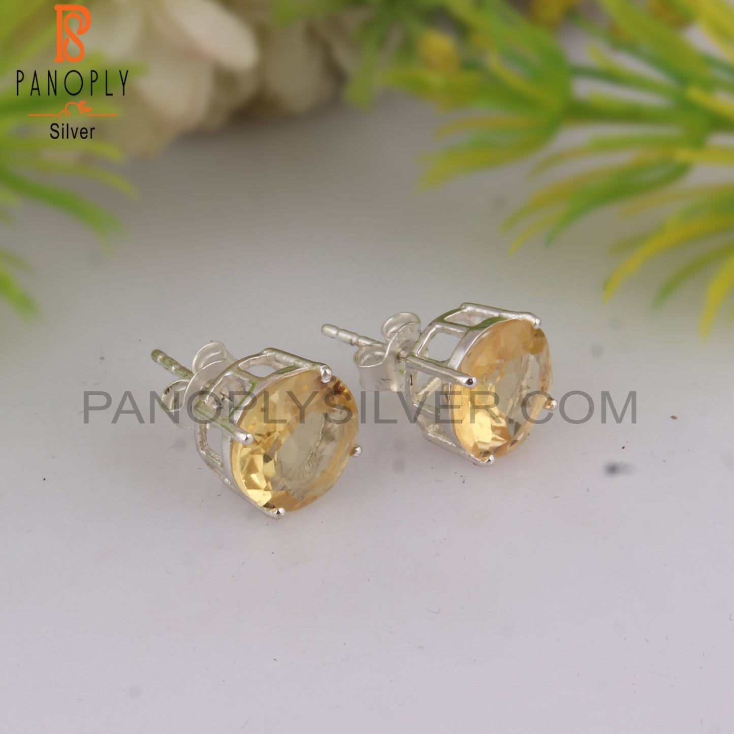 Citrine Round Shape 925 Sterling Silver Earrings