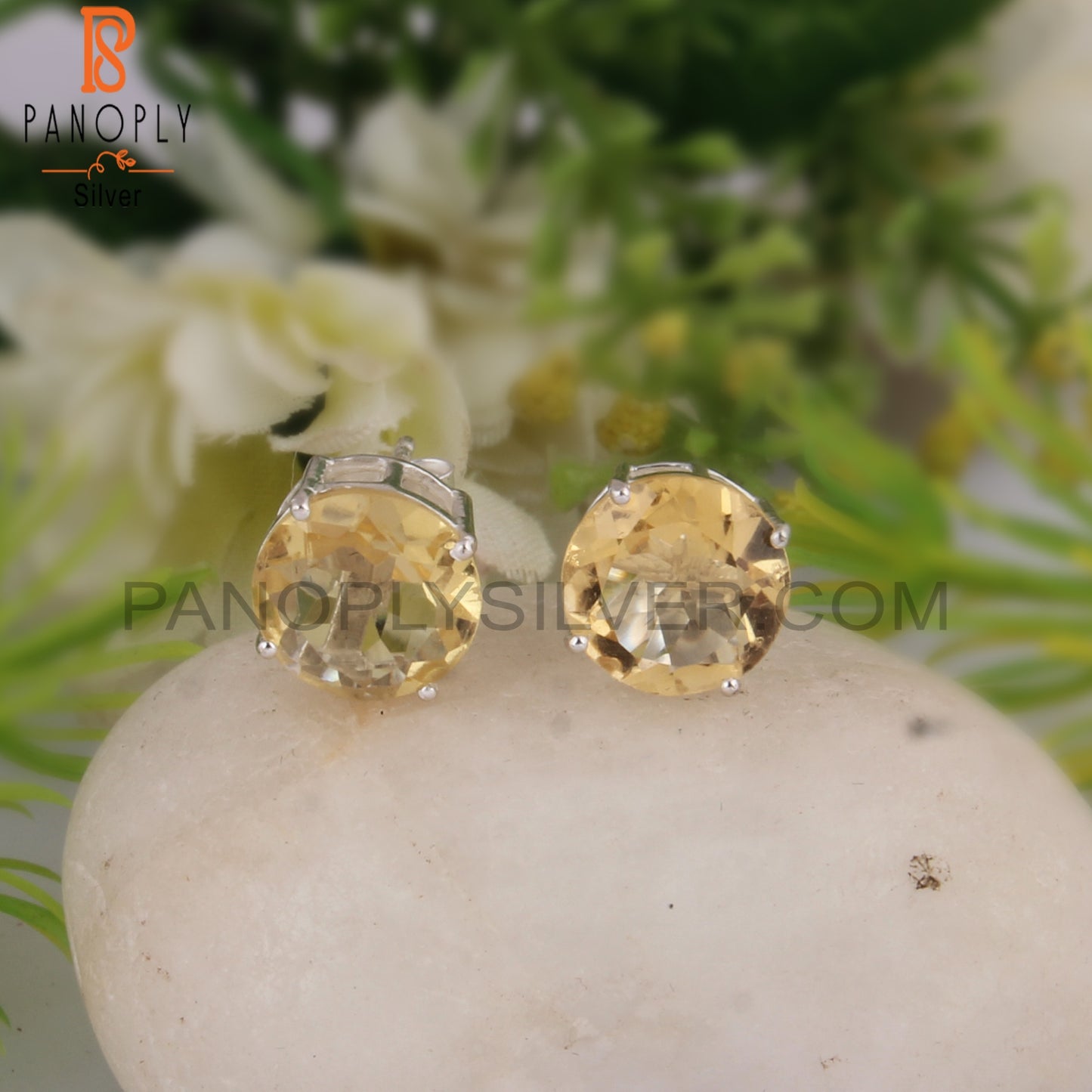 Citrine Round Shape 925 Sterling Silver Earrings