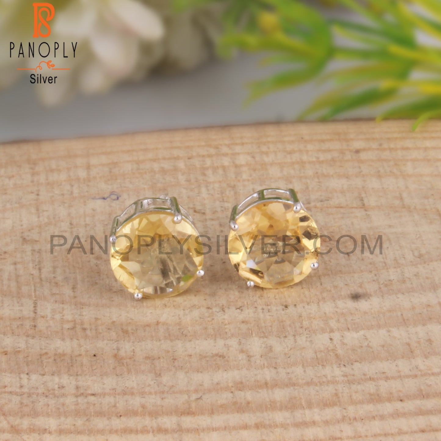 Citrine Round Shape 925 Sterling Silver Earrings