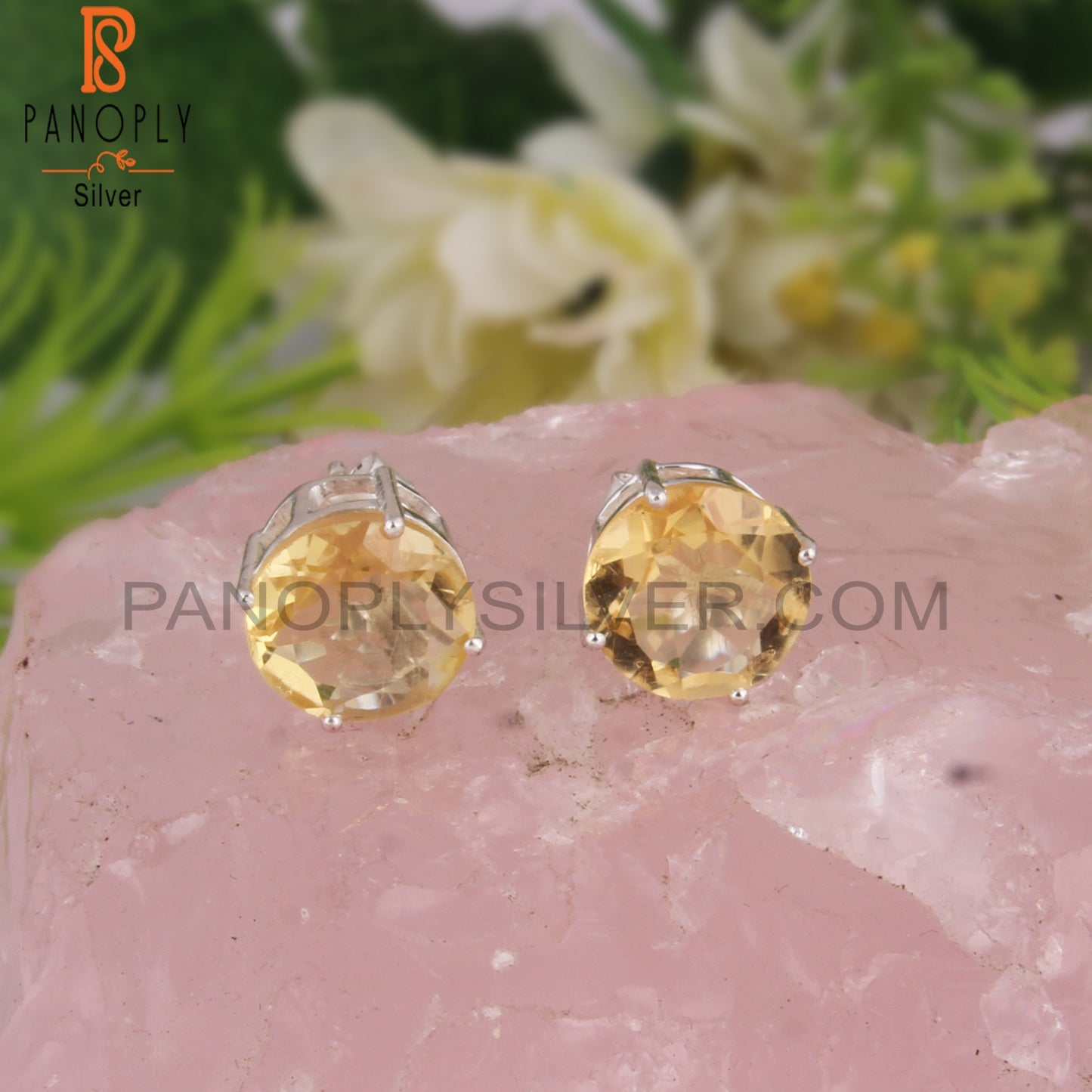 Citrine Round Shape 925 Sterling Silver Earrings