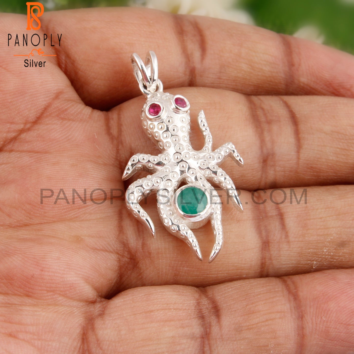 Ruby & Emerald 925 Sterling Silver Octopus Pendant