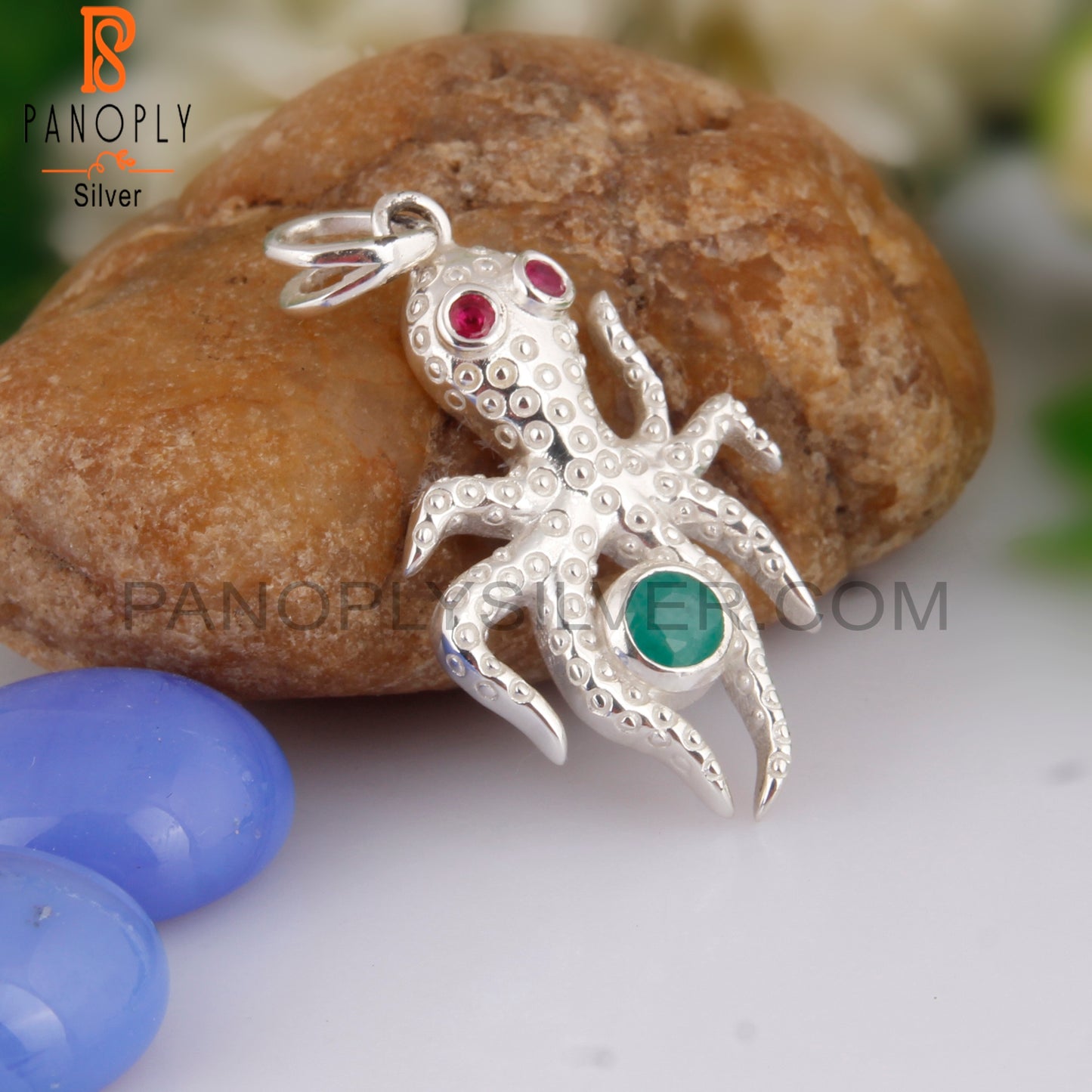 Ruby & Emerald 925 Sterling Silver Octopus Pendant