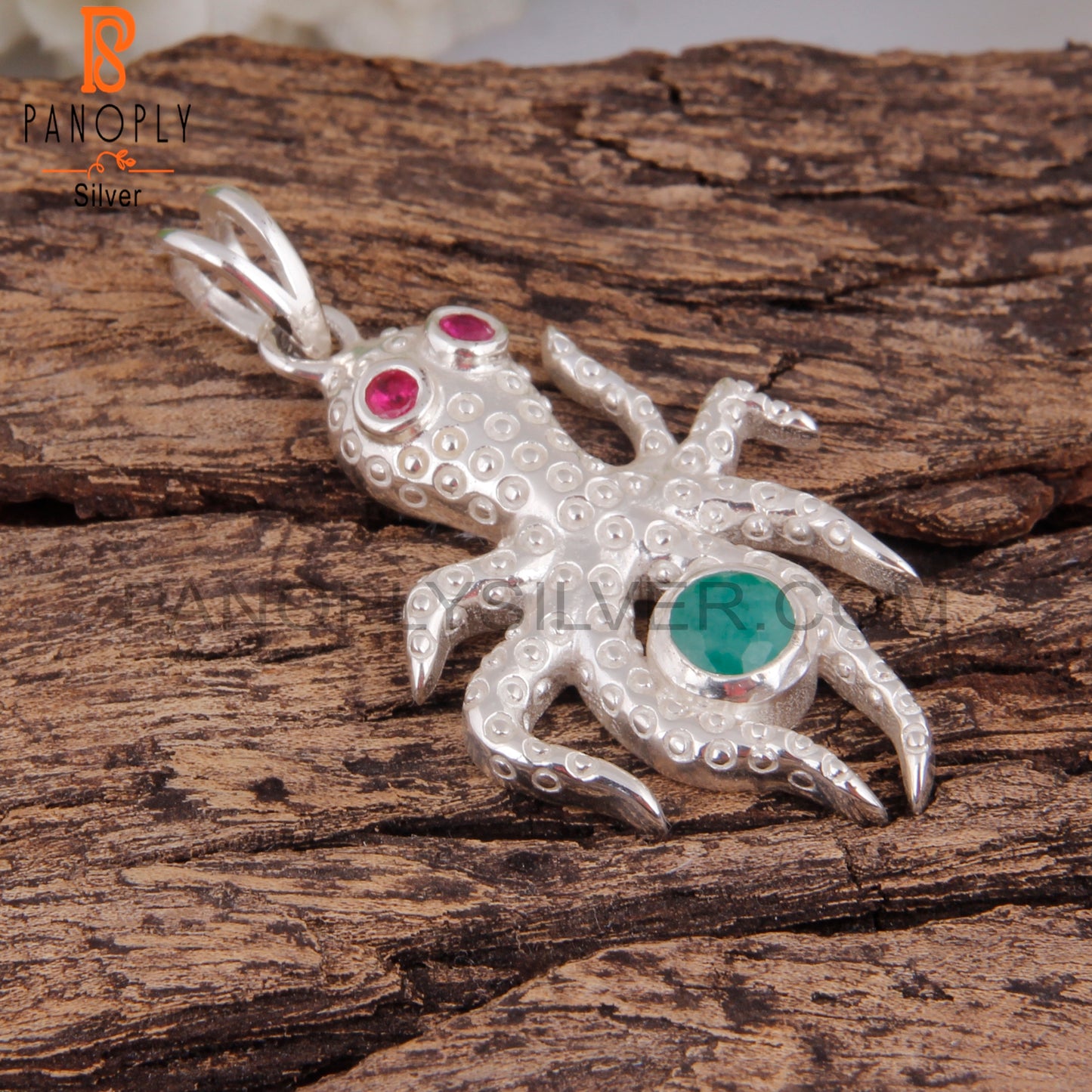 Ruby & Emerald 925 Sterling Silver Octopus Pendant