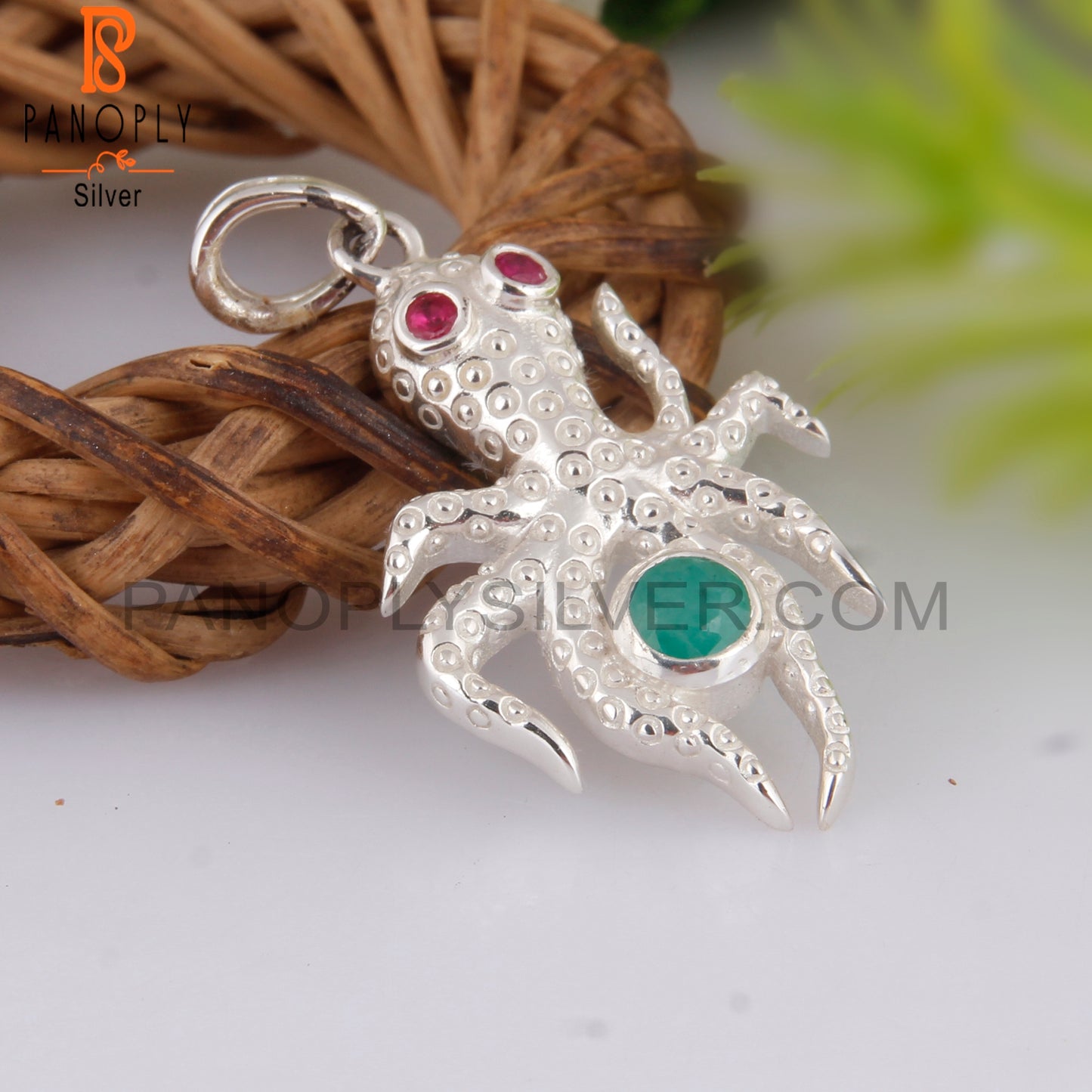 Ruby & Emerald 925 Sterling Silver Octopus Pendant