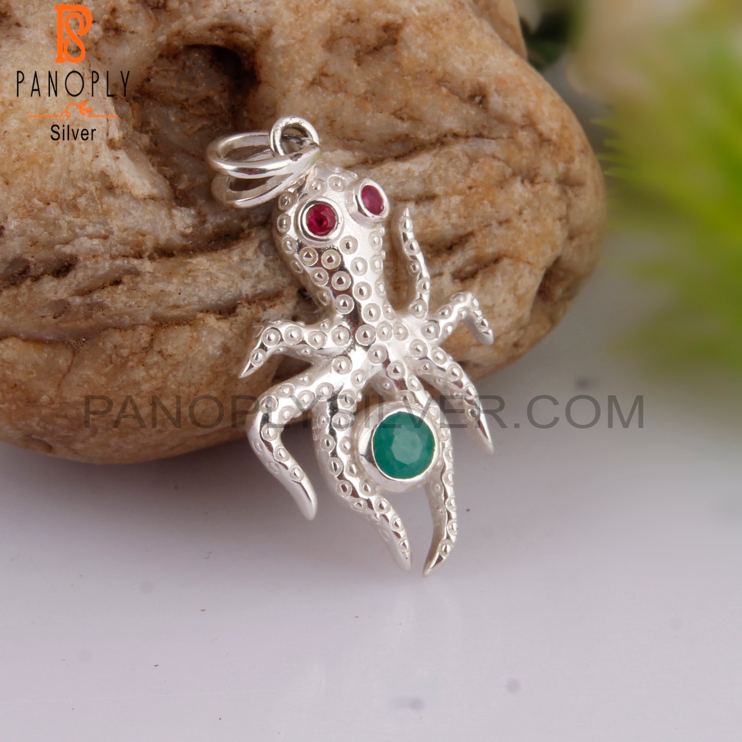 Ruby & Emerald 925 Sterling Silver Octopus Pendant