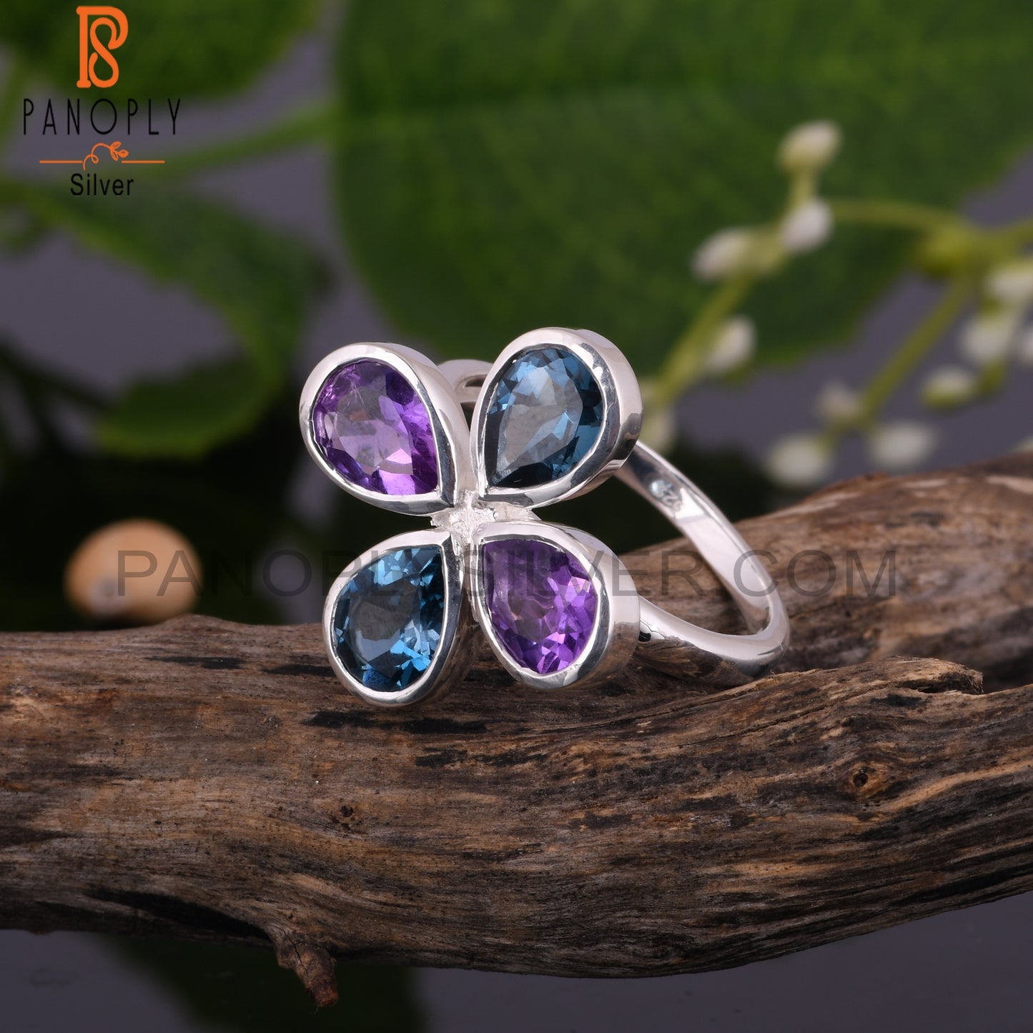 London Blue Topaz & Amethyst Pear 925 Silver Ring