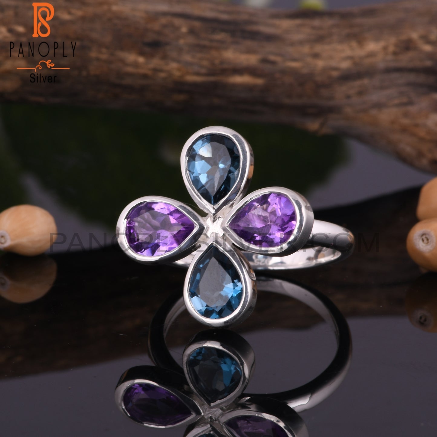 London Blue Topaz & Amethyst Pear 925 Silver Ring