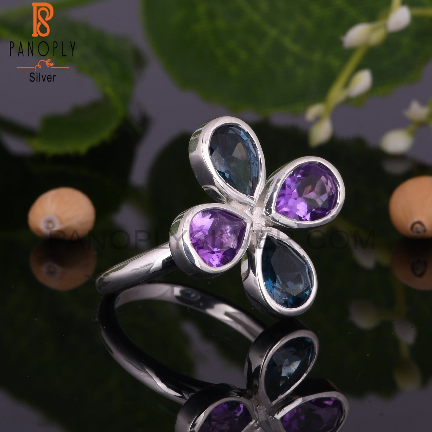 London Blue Topaz & Amethyst Pear 925 Silver Ring