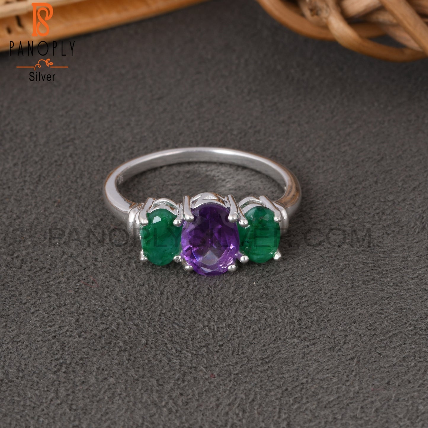 Amethyst & Emerald Natural Corundum Oval 925 Silver Ring