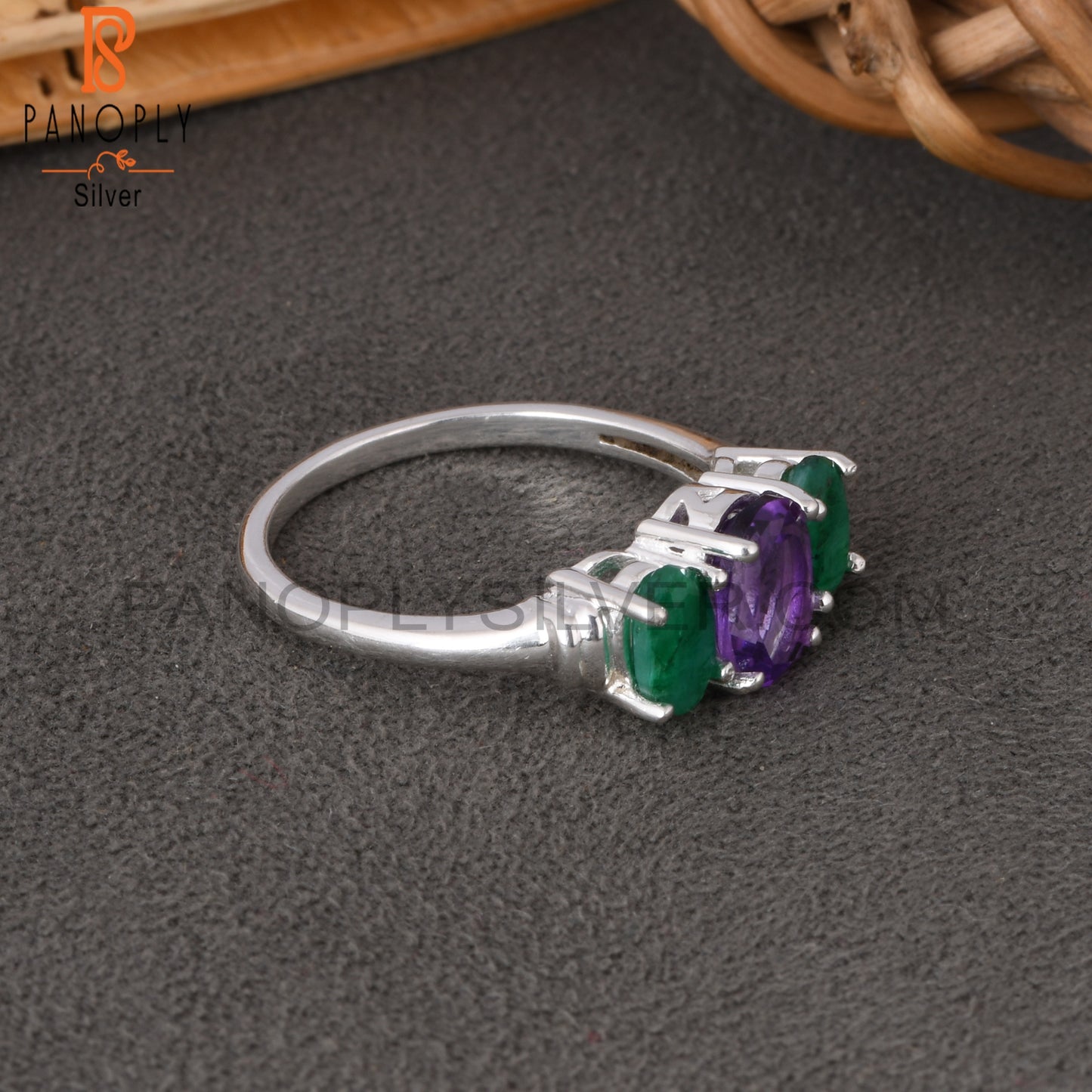 Amethyst & Emerald Natural Corundum Oval 925 Silver Ring