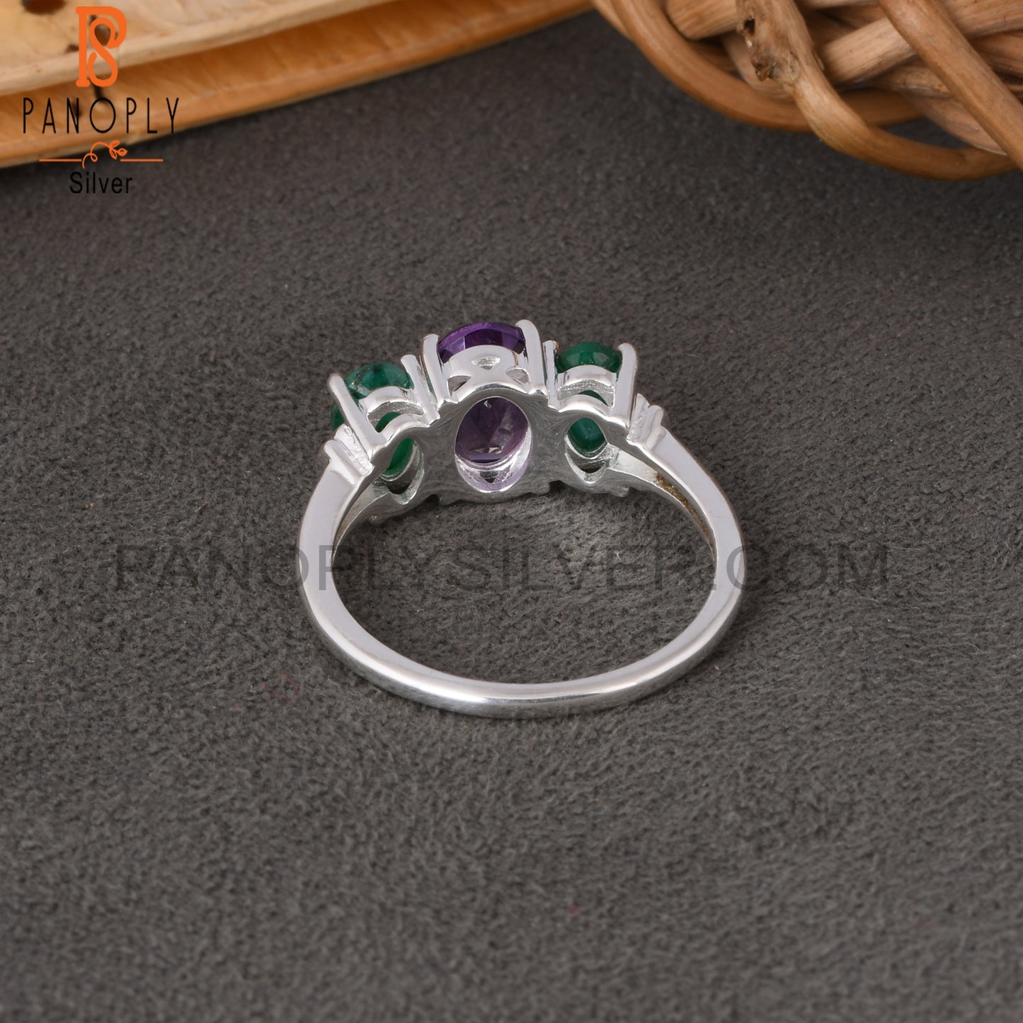 Amethyst & Emerald Natural Corundum Oval 925 Silver Ring