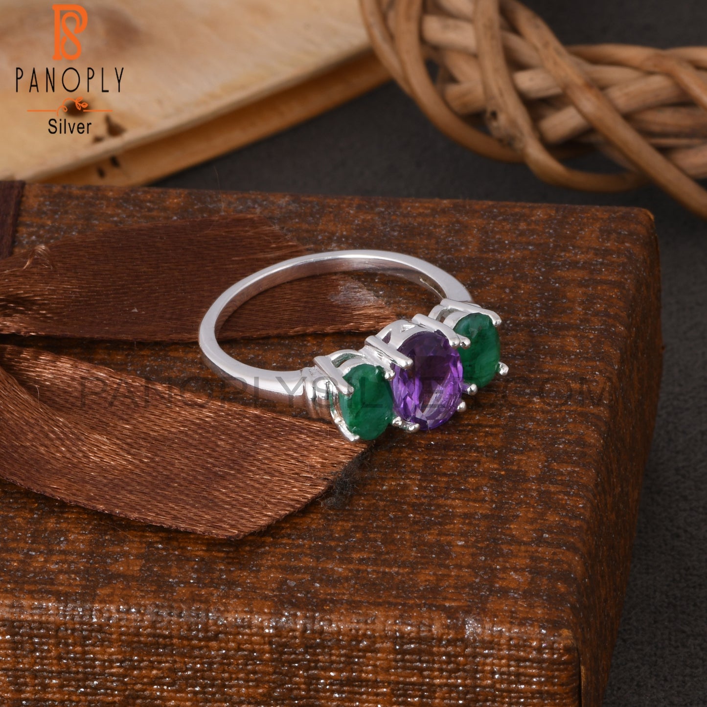 Amethyst & Emerald Natural Corundum Oval 925 Silver Ring