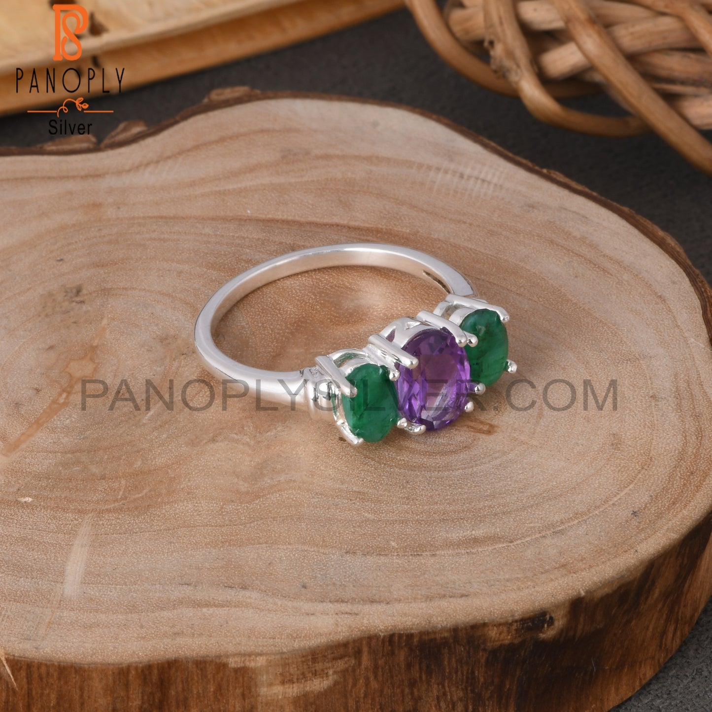 Amethyst & Emerald Natural Corundum Oval 925 Silver Ring
