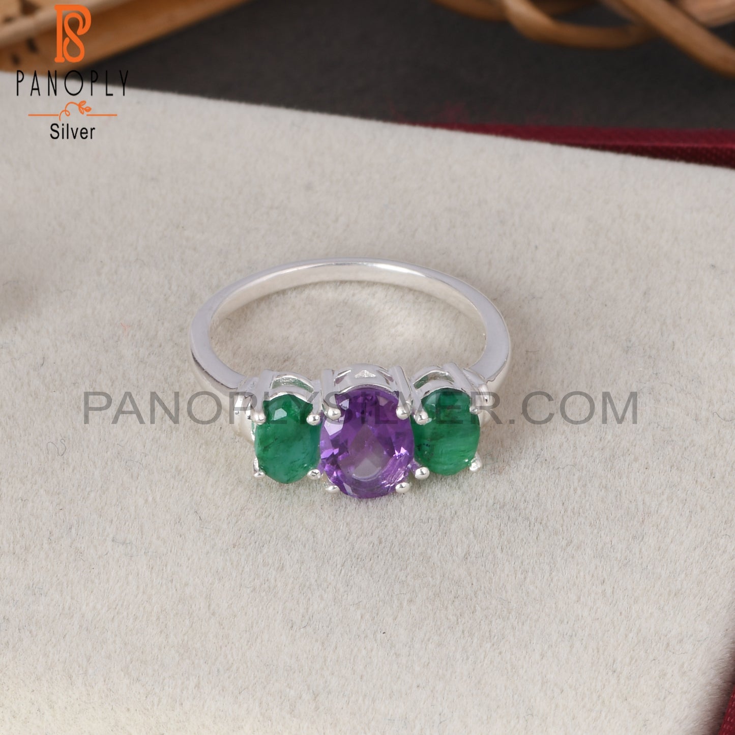 Amethyst & Emerald Natural Corundum Oval 925 Silver Ring