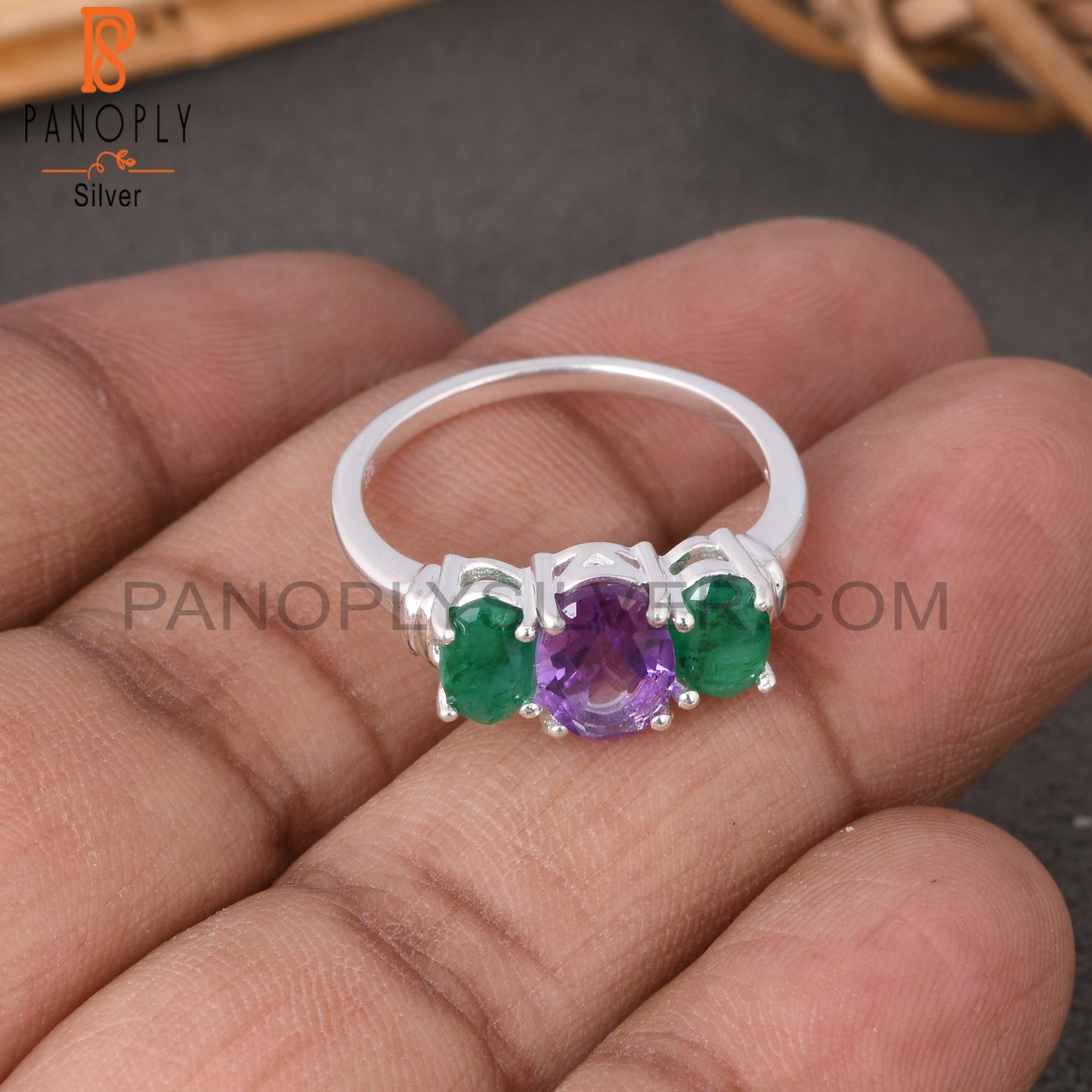 Amethyst & Emerald Natural Corundum Oval 925 Silver Ring
