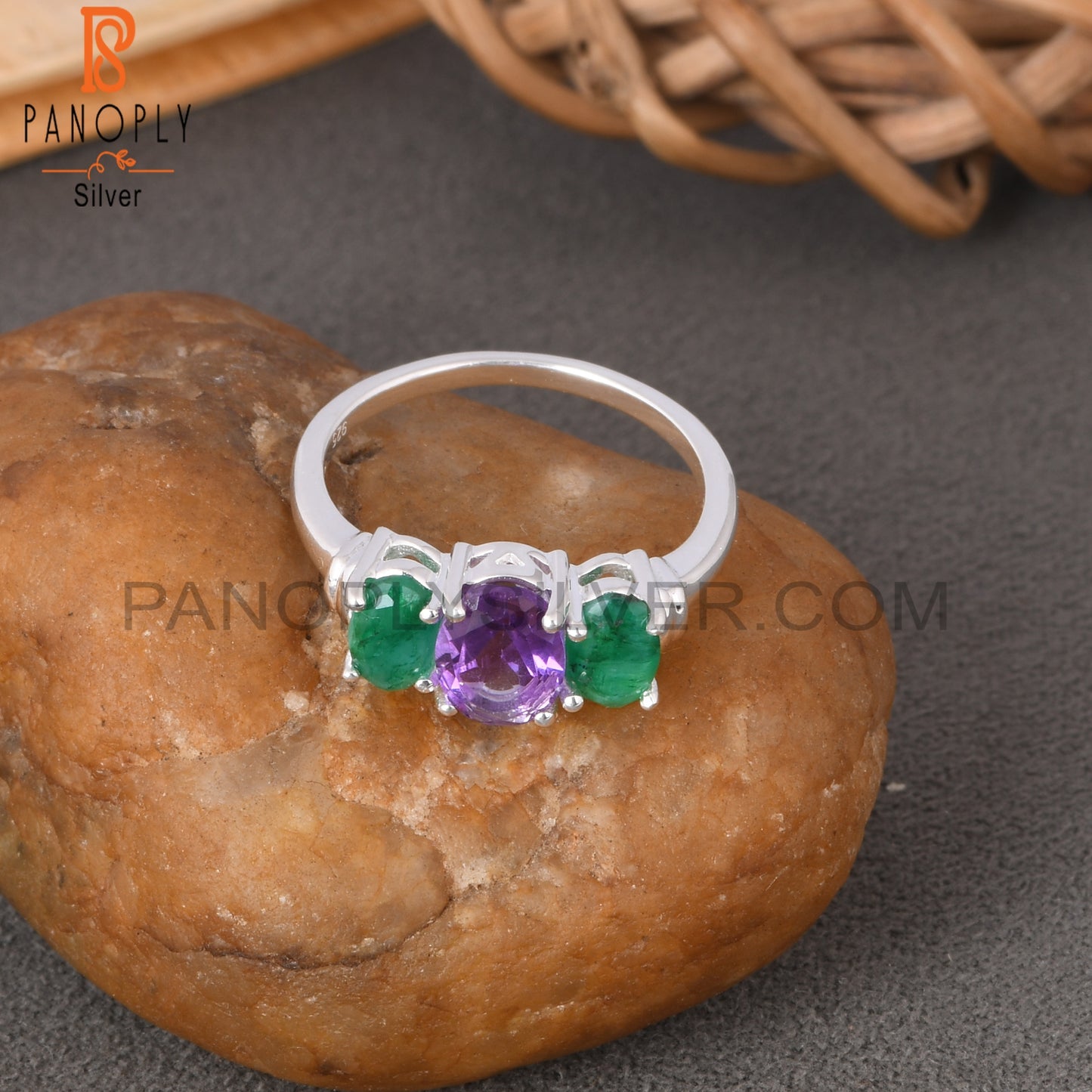 Amethyst & Emerald Natural Corundum Oval 925 Silver Ring