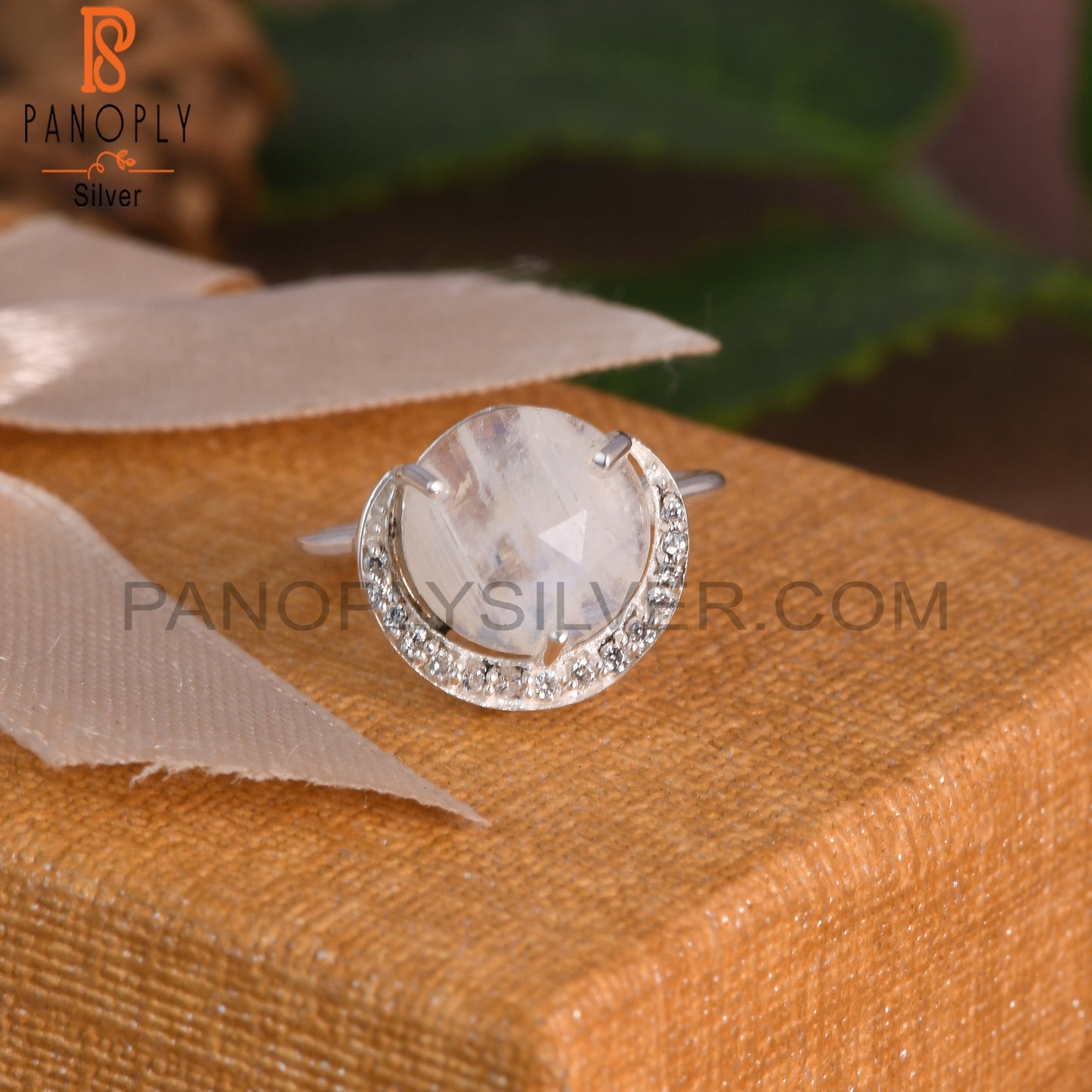 Cubic Zirconia & Rainbow Moonstone 925 Sterling Silver Ring