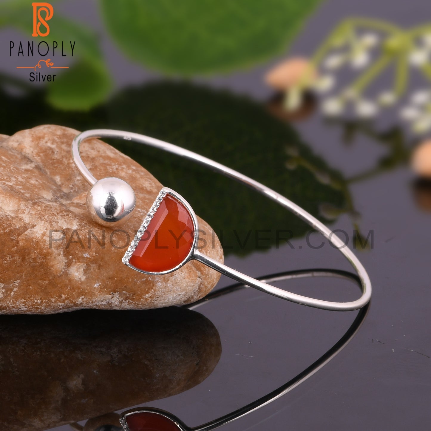 Red Onyx & Cubic Zirconia 925 Sterling Silver Bangle