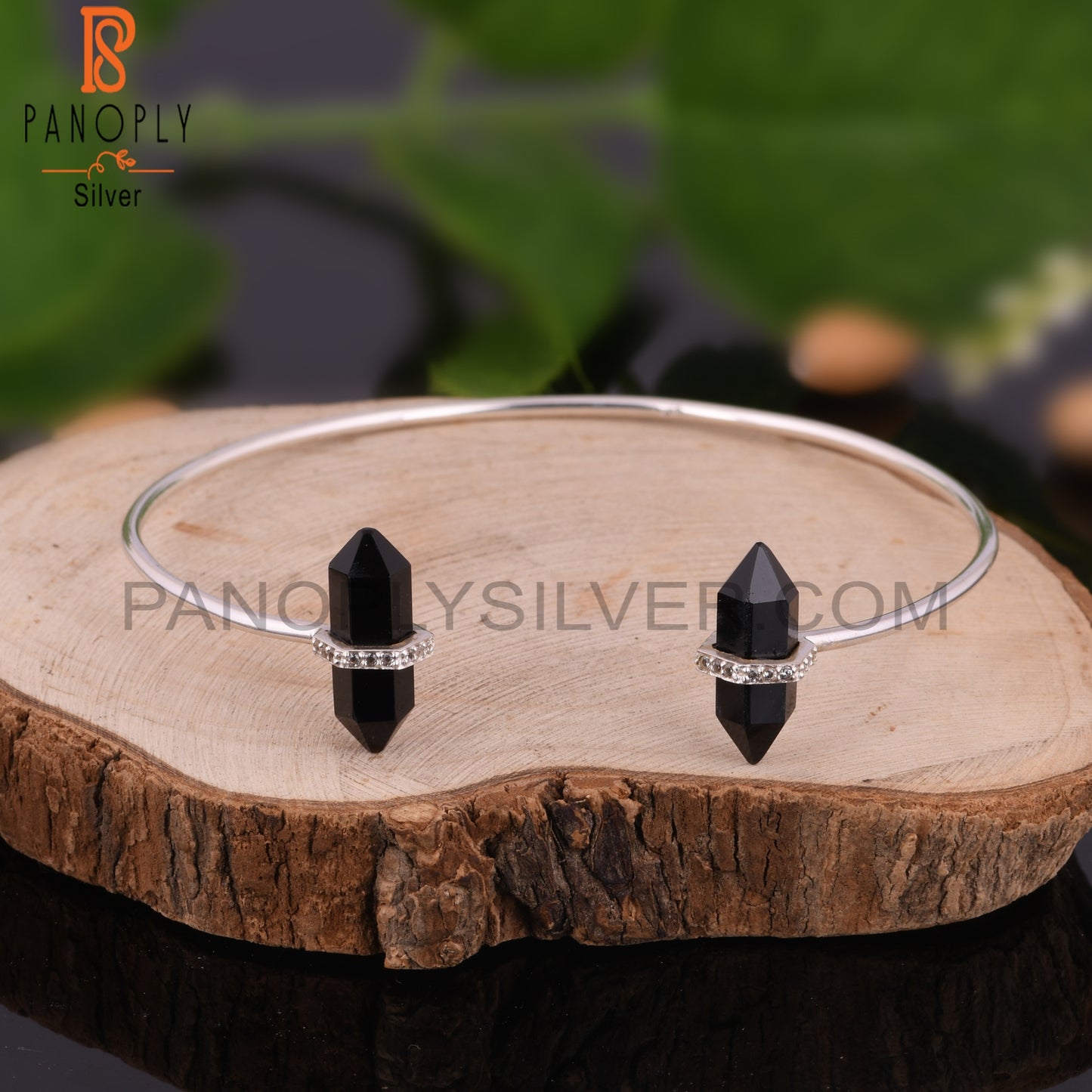 Cubic Zirconia & Black Onyx 925 Sterling Silver Bangle