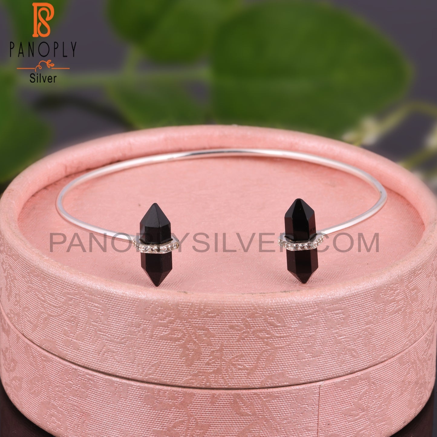 Cubic Zirconia & Black Onyx 925 Sterling Silver Bangle