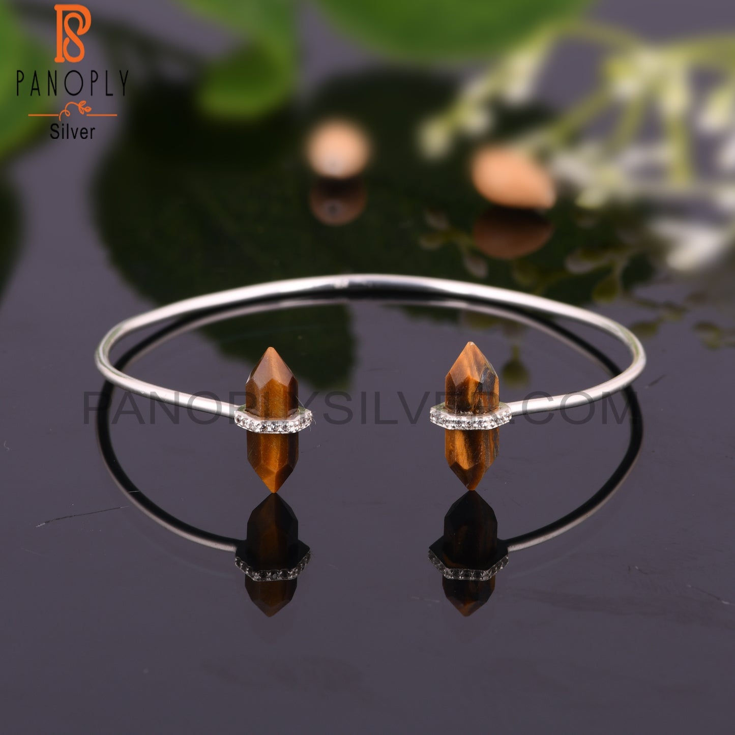Tiger Eye Yellow & Cubic Zirconia 925 Sterling Silver Bangle