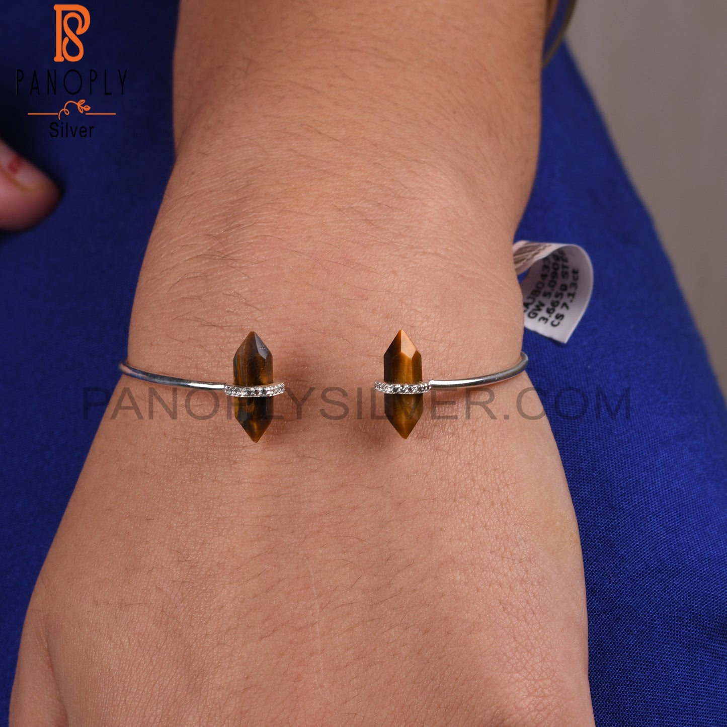 Tiger Eye Yellow & Cubic Zirconia 925 Sterling Silver Bangle
