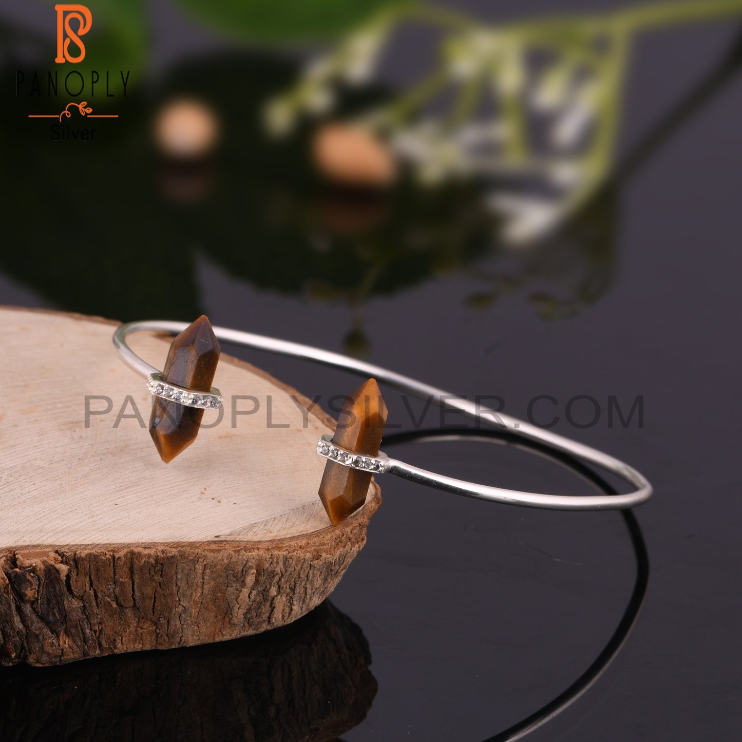 Tiger Eye Yellow & Cubic Zirconia 925 Sterling Silver Bangle