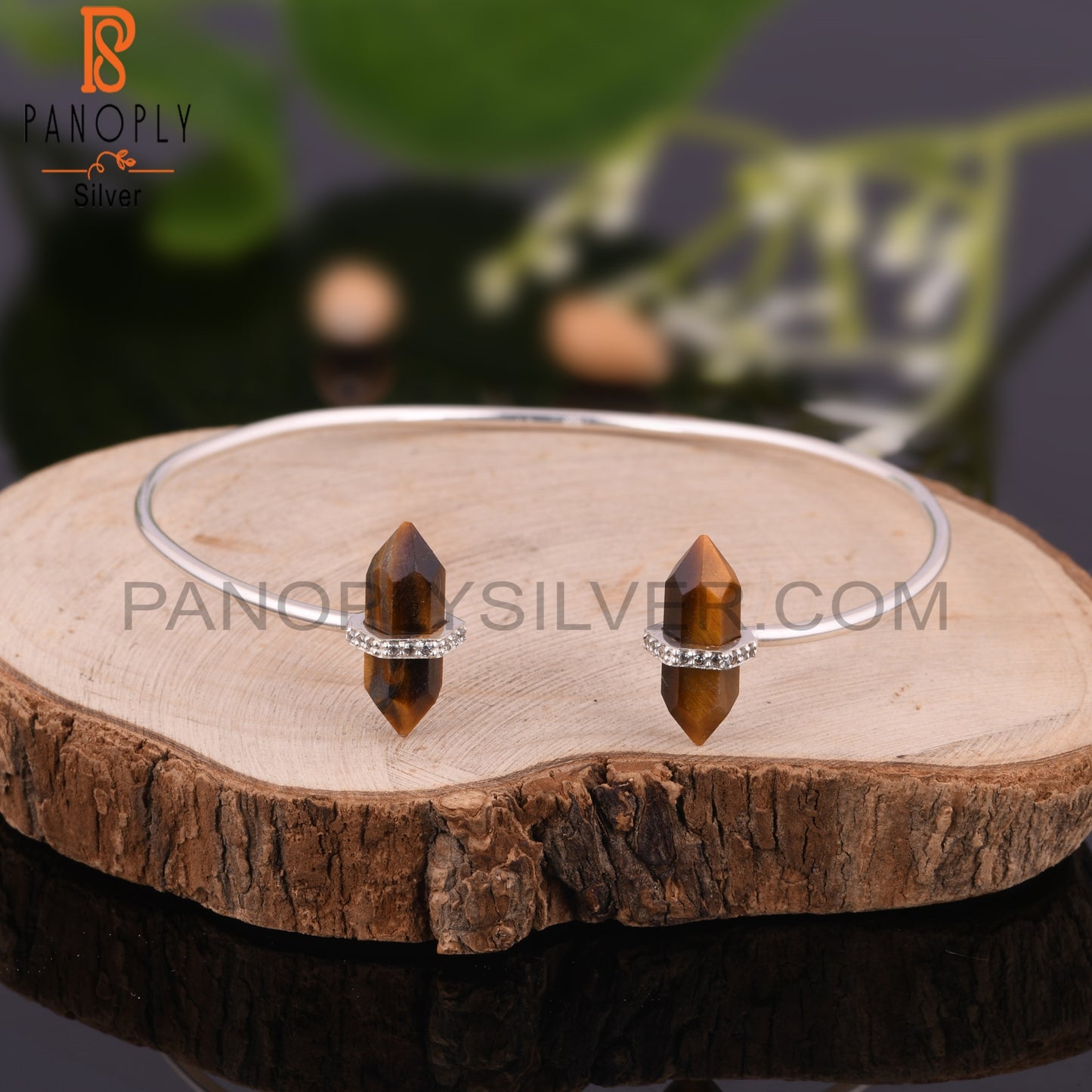 Tiger Eye Yellow & Cubic Zirconia 925 Sterling Silver Bangle