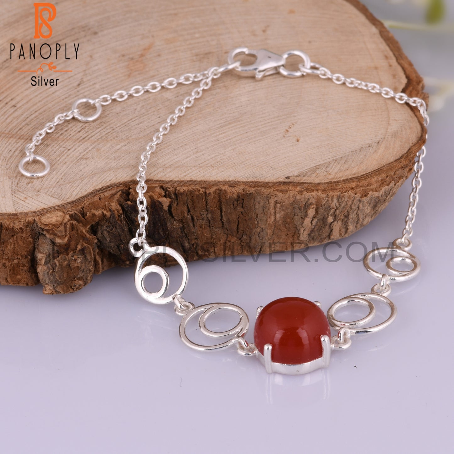 Aesthetic Red Onyx Round Shape Sterling Silver Bracelet