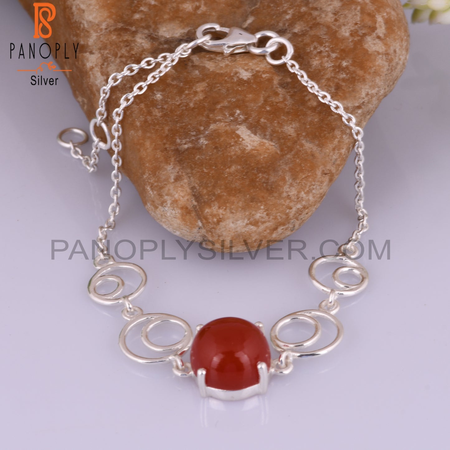 Aesthetic Red Onyx Round Shape Sterling Silver Bracelet