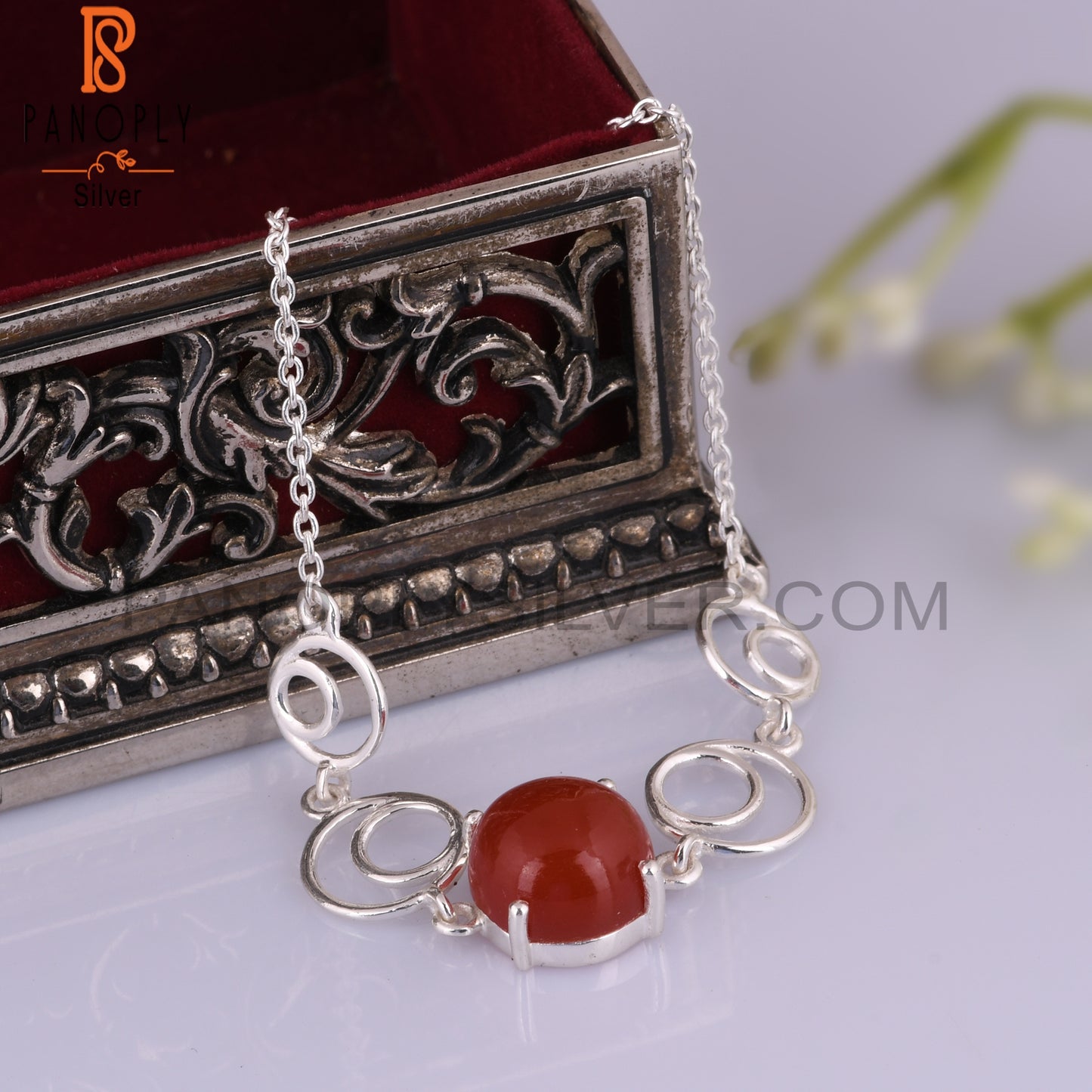 Aesthetic Red Onyx Round Shape Sterling Silver Bracelet