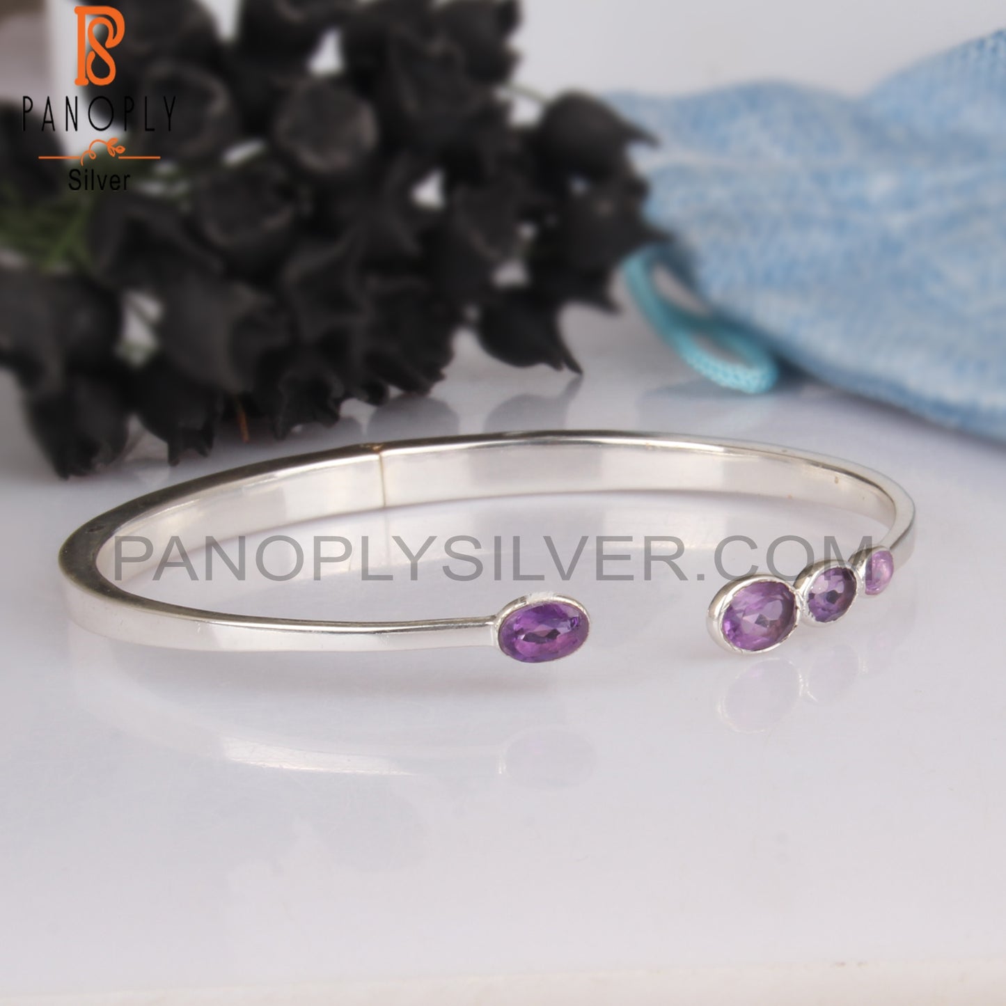 Amethyst Oval 925 Sterling Silver Bangle Cuff