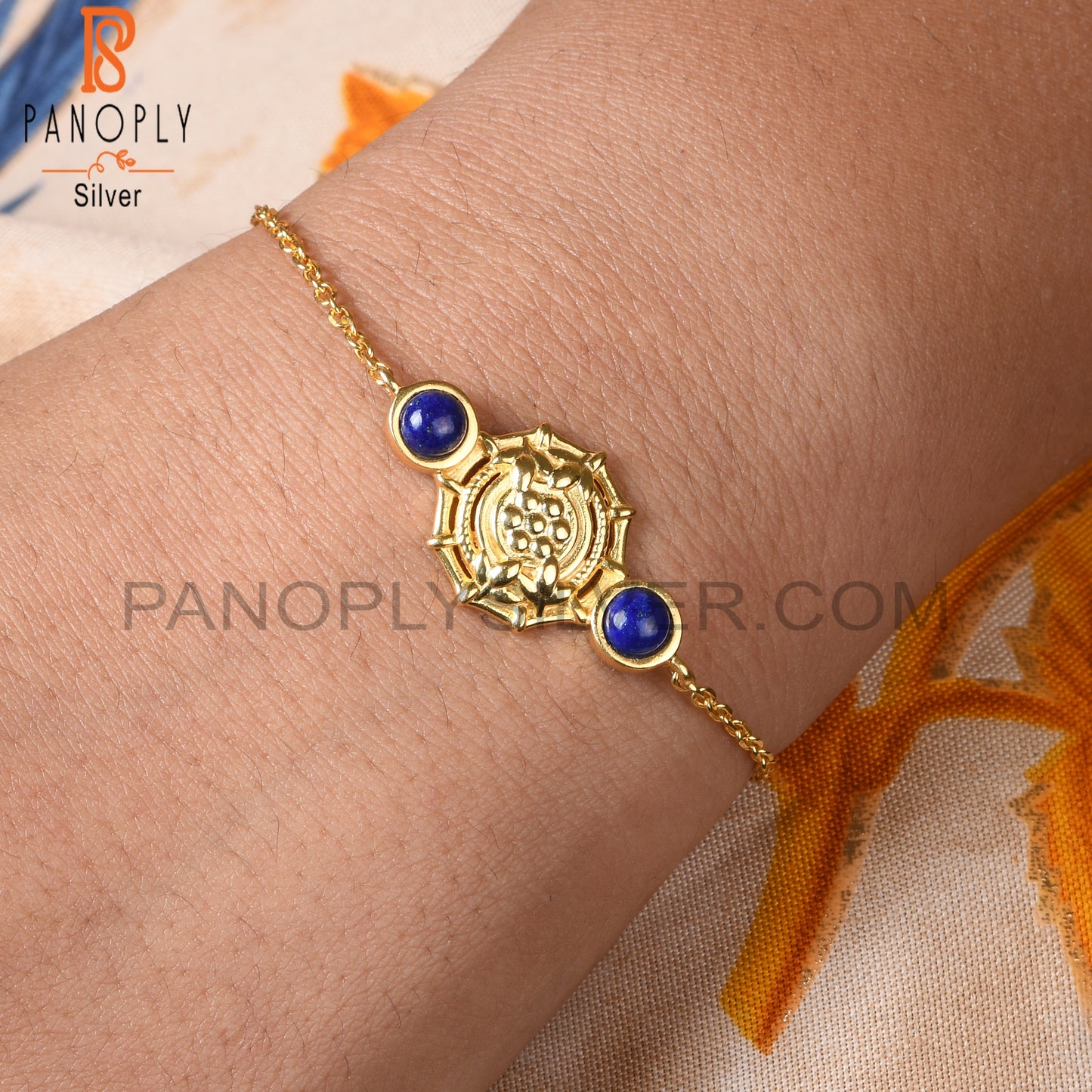 Lapis Round 925 Sterling Silver Plam Bracelet
