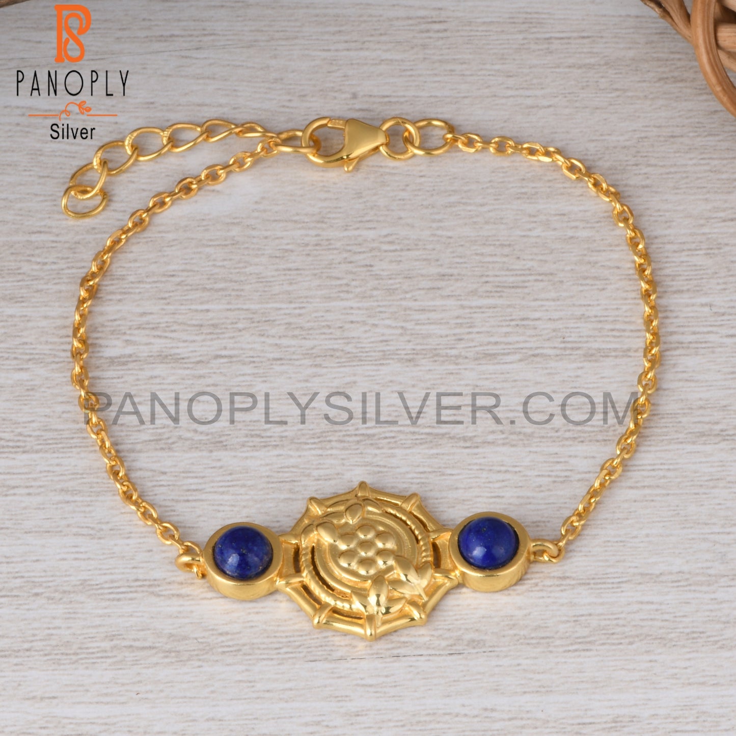 Lapis Round 925 Sterling Silver Plam Bracelet