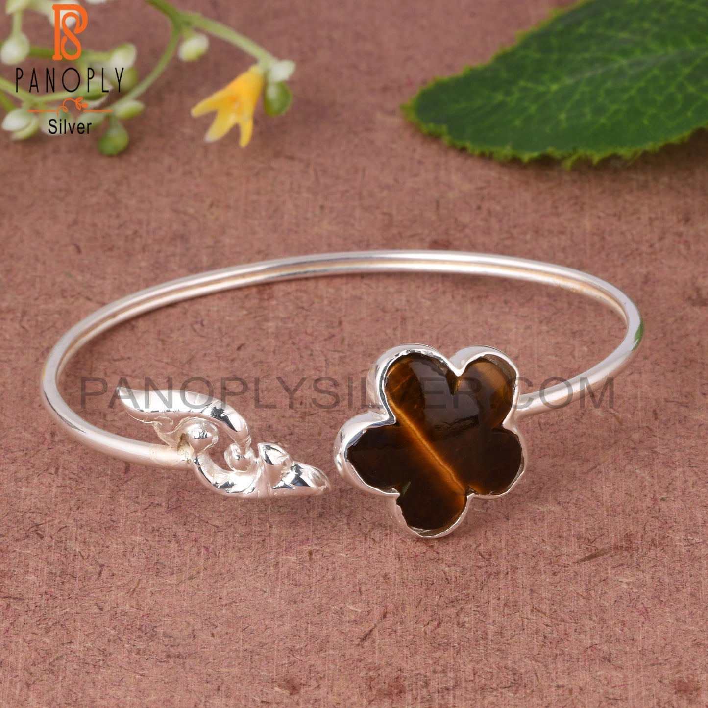 Tiger Eye Yellow Sun Flower Shape 925 Sterling Silver Cuff