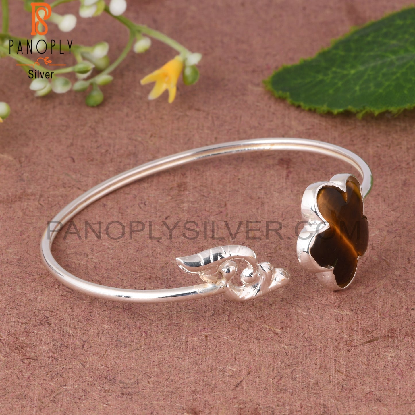 Tiger Eye Yellow Sun Flower Shape 925 Sterling Silver Cuff